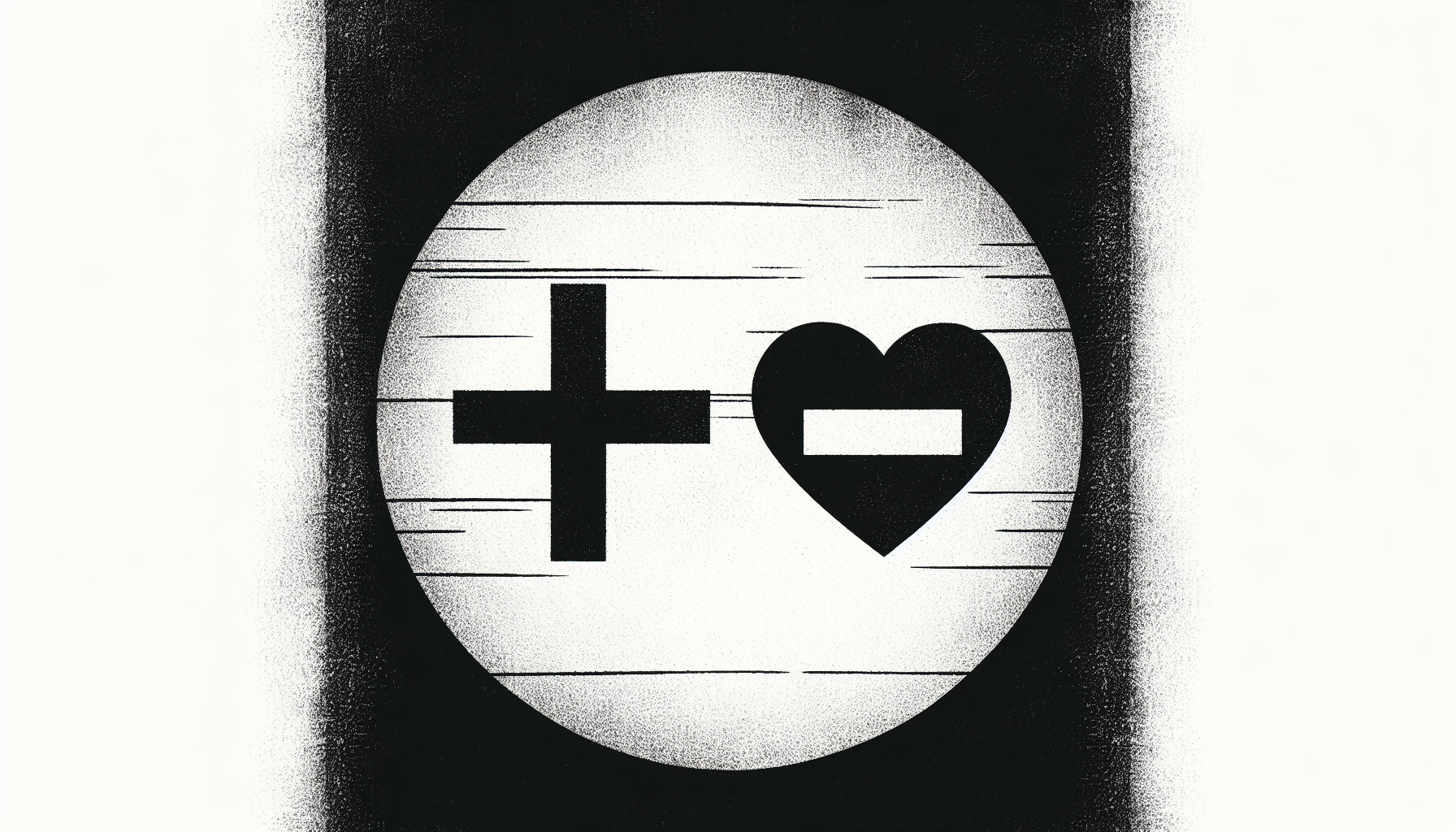 Crie uma imagem em um estilo gráfico minimalista e simbólico. A imagem deve ser um círculo preto com um fundo preto sólido. Dentro do círculo, centralizado, deve haver um desenho de uma cruz preta à esquerda, seguida por um sinal de igual (=) preto no centro, e um coração preto à direita. O fundo atrás da cruz, do sinal de igual e do coração deve ter uma textura de giz branco, como se estivesse desenhado em um quadro negro. A textura de giz deve ser sutil e dar um aspecto de esboço. A imagem deve transmitir uma mensagem de fé e amor através dos símbolos da cruz e do coração