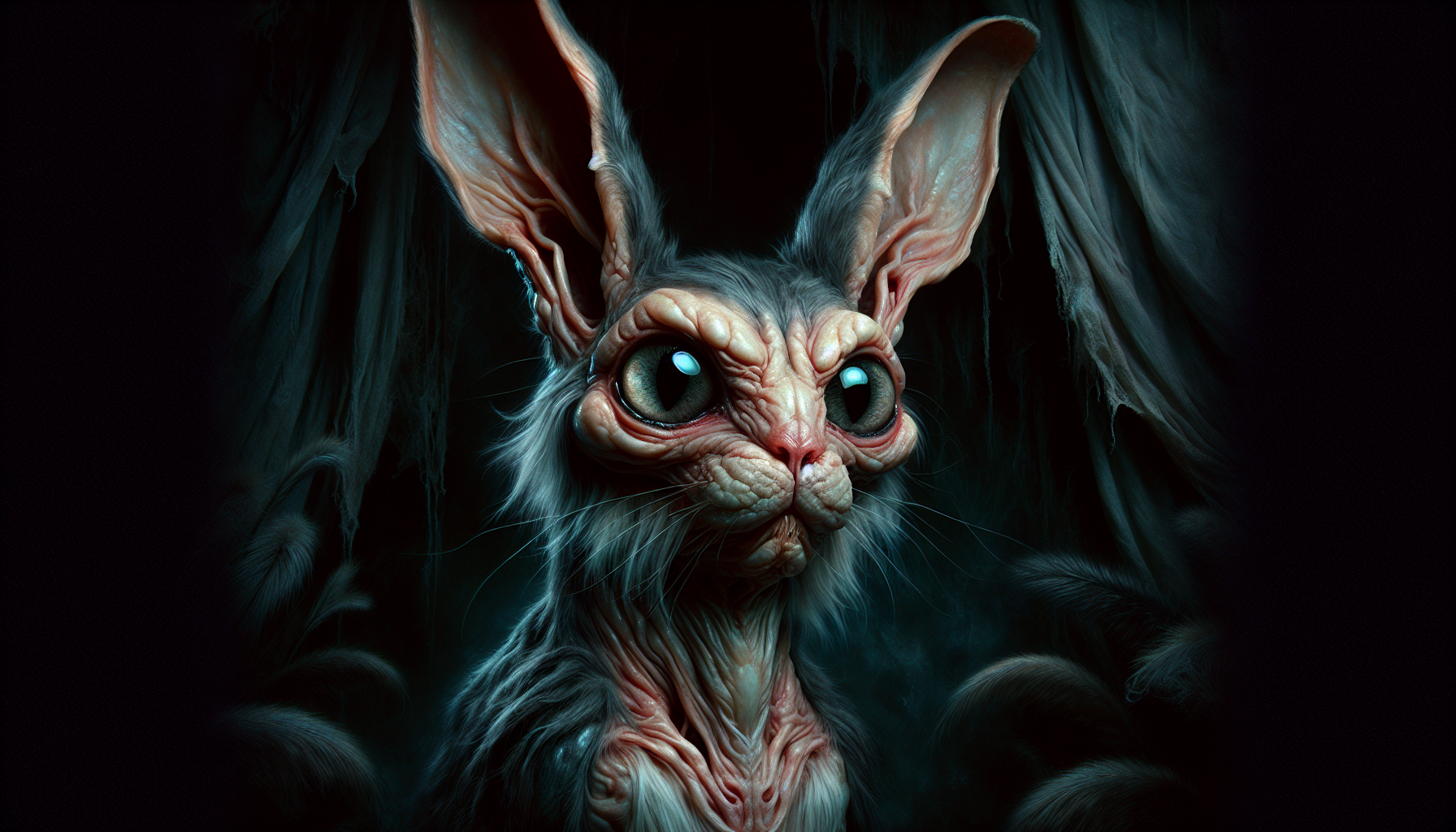 dark oils art, A grotesque and surreal hybrid of a cat and a rabbit, with features of both animals fused together in a strange and disturbing way. The body is shaped like a cat, but with long, pointed rabbit ears. The eyes are large and round, with an eerie expression. The skin is a mix of cat and rabbit fur, with contrasting colors and textures. The surroundings are dark and mysterious, with shadows and lights highlighting the surreal nature of the creature.