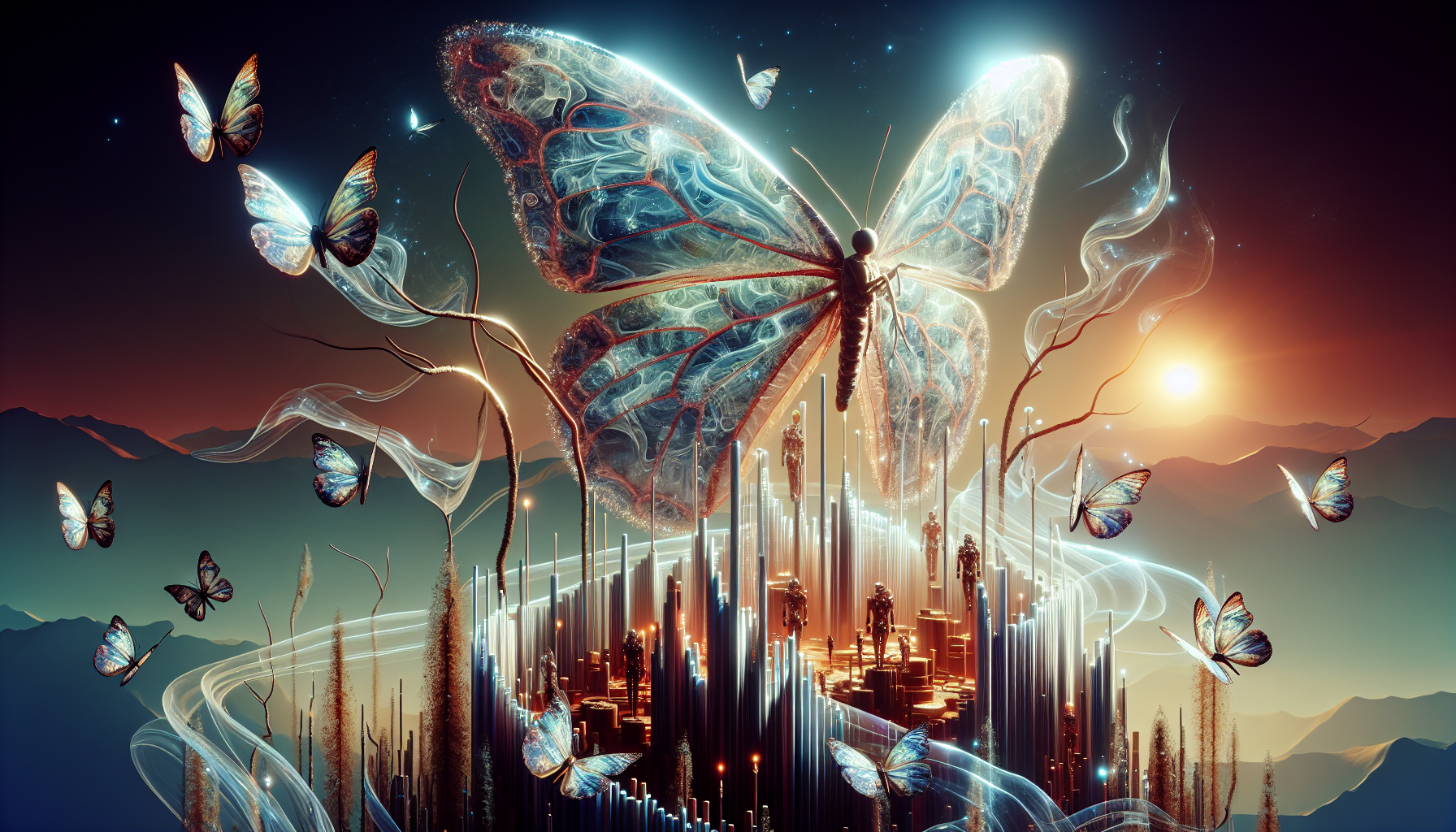 Acoustic Metamorphosis, Butterflies with wings made of visible sound waves that distort reality through vibration. Their flight creates symphonies of impossible music that causes listeners to temporarily transform into butterfly-human hybrids. They emerge from cocoons of crystallized silence and feed on echoes trapped in abandoned spaces.