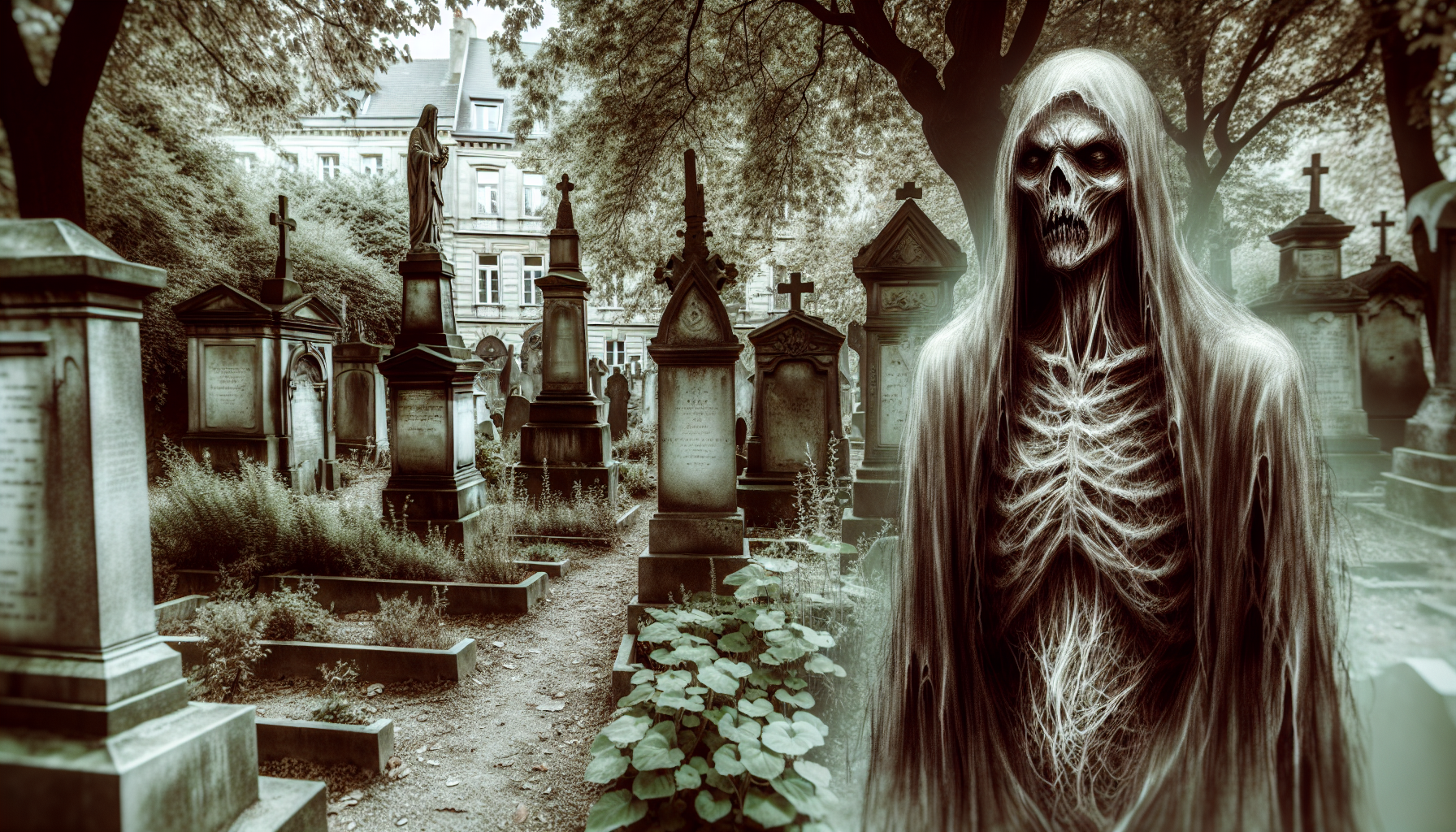 personaje fantasmagorico demacrado en el cementerio