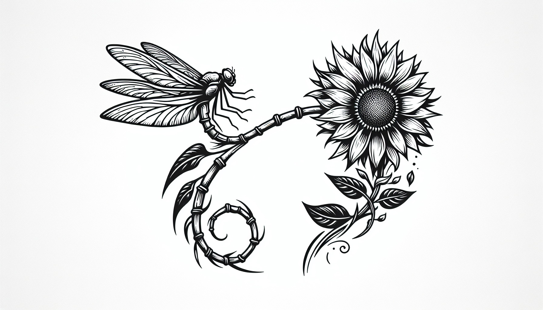Draw a sunflower plant shaped tall and thing like a dragonfly abstract art, with leaves that are the dragonfly's wings. The dragonfly IS the sunflower. The flower of the sunflower IS the dragonfly head.  Tattoo thick line art drawing please. No realistic background, just a white background please.