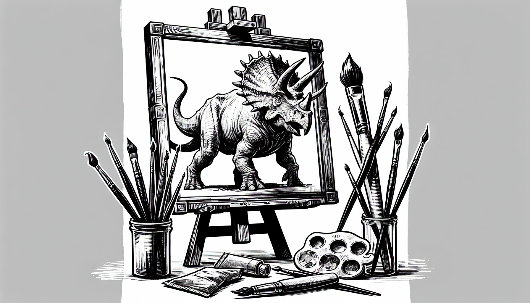 dessin en noir et blanc façon crayonnée d'un chevalet avec un tableau qui représente un triceratops des pinceau et tubes de peinture