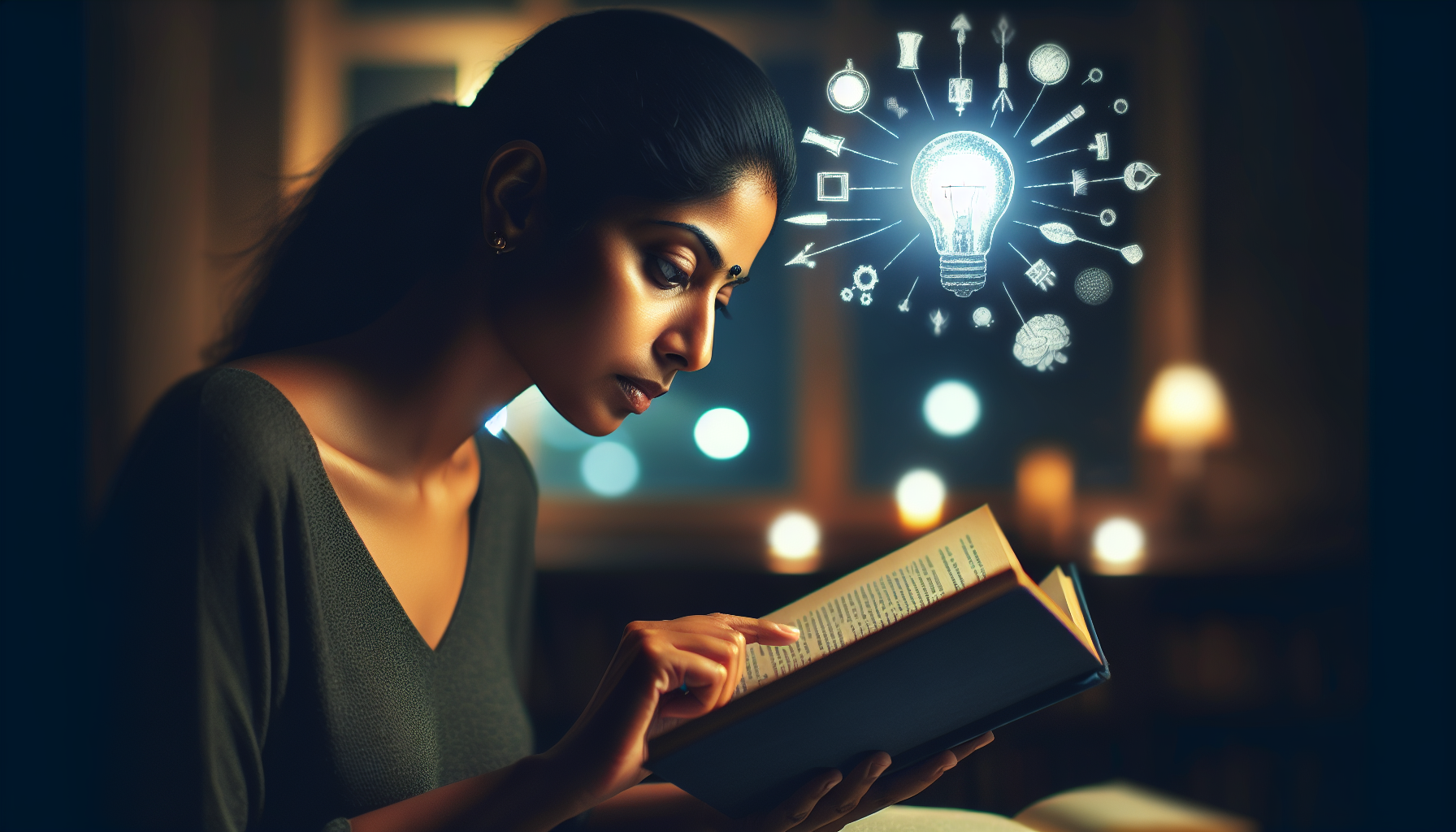 Una persona pensando profundamente mientras lee o reflexiona. Puede haber una luz iluminando su cabeza o símbolos de ideas, representando cómo las reflexiones lo hacen ver la vida de otra manera