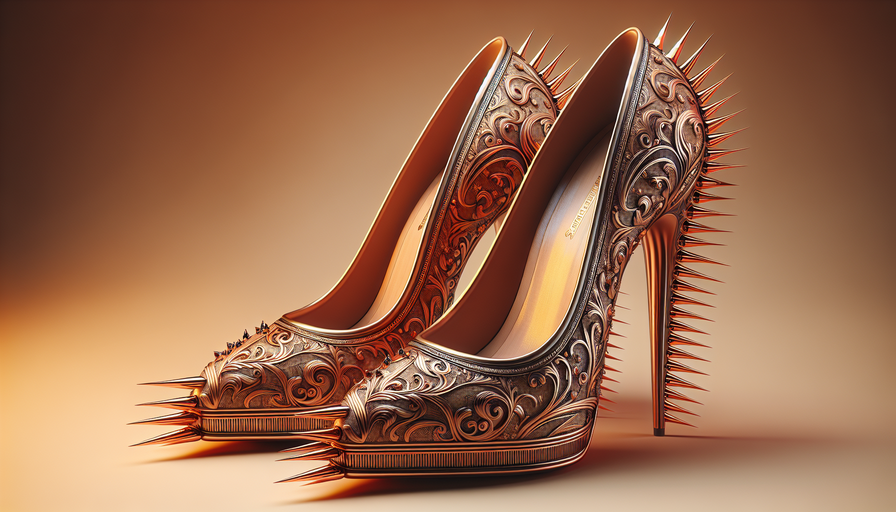 Elegant stiletto shoes with spikes inside the shoe, intricate decorations and warm colors. Beautiful but difficult to wear, extravagant and eye-catching.
