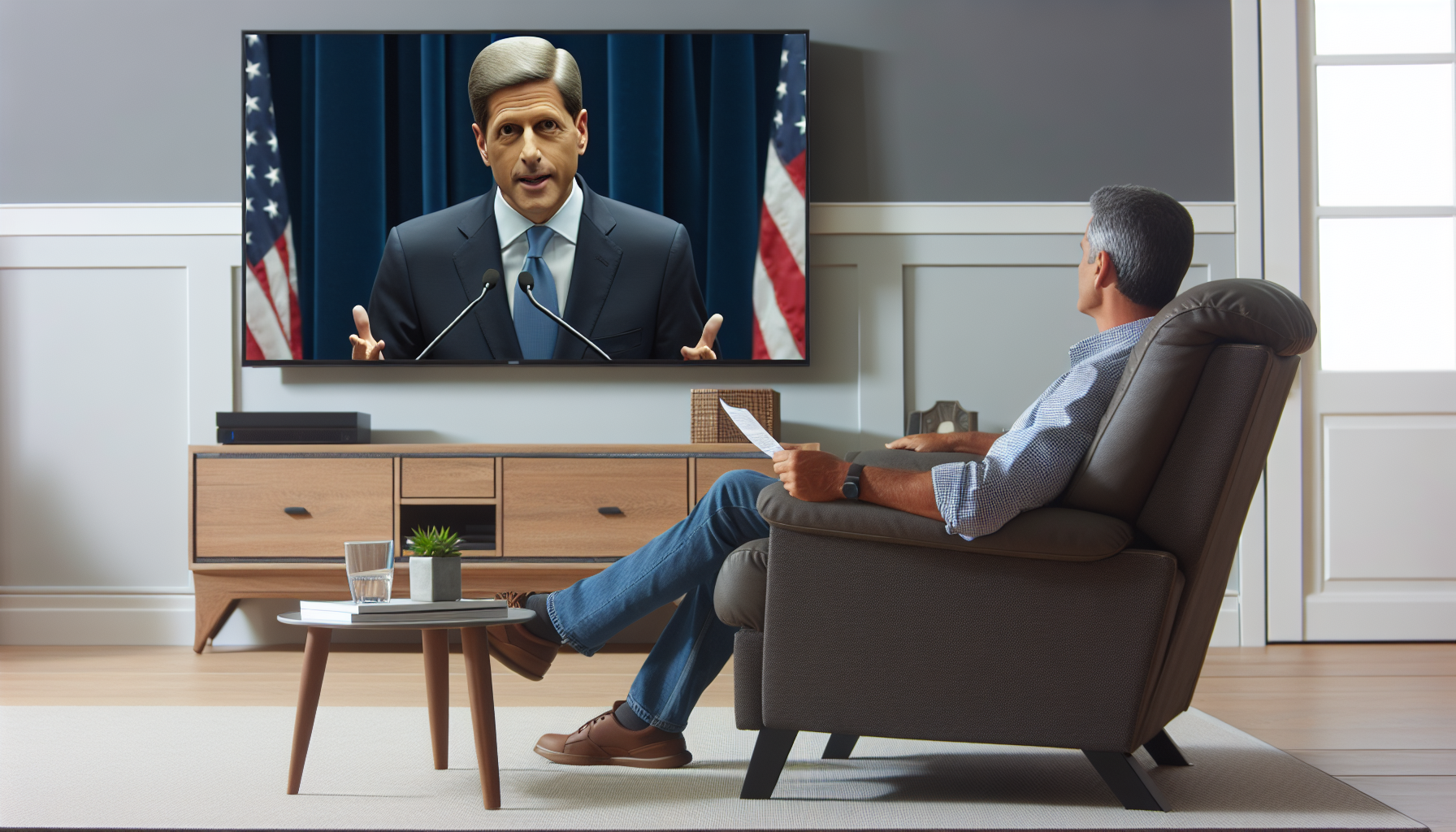 homme assis devant la tele a regarder les information . Dans la tele il y a Macron qui parle 