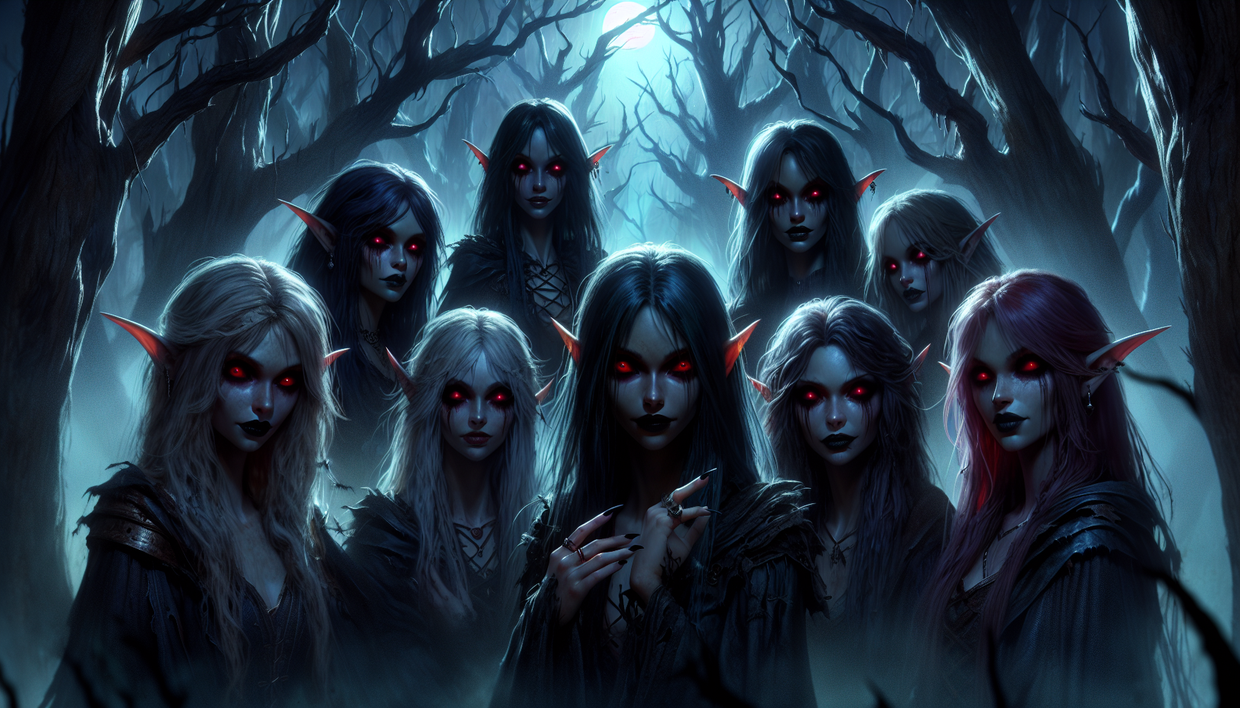 Dark, terrifying female elves with sinister expressions, glowing red eyes, and sharp, menacing features. They are dressed in dark, tattered robes, surrounded by an eerie, misty forest with twisted, gnarled trees. The moonlight casts an ominous glow, highlighting their malevolent presence.