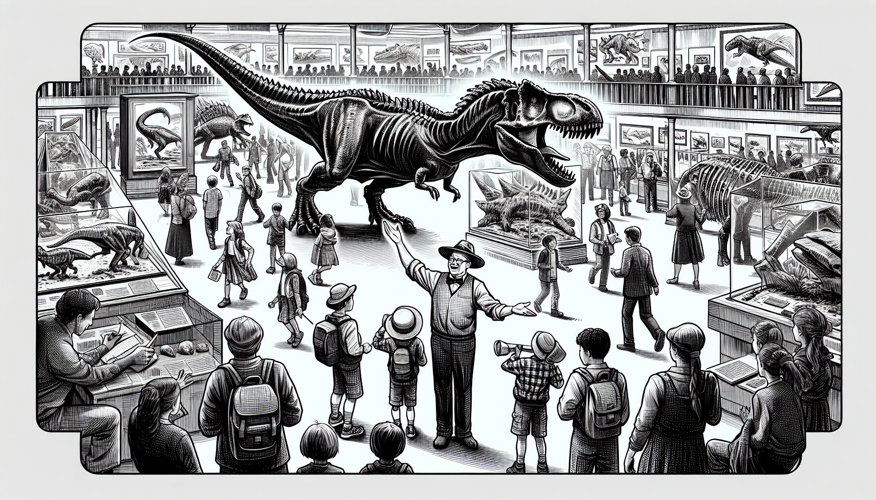 noir et blanc façon crayonné dessin qui raconte le succès du musée des dinosaures