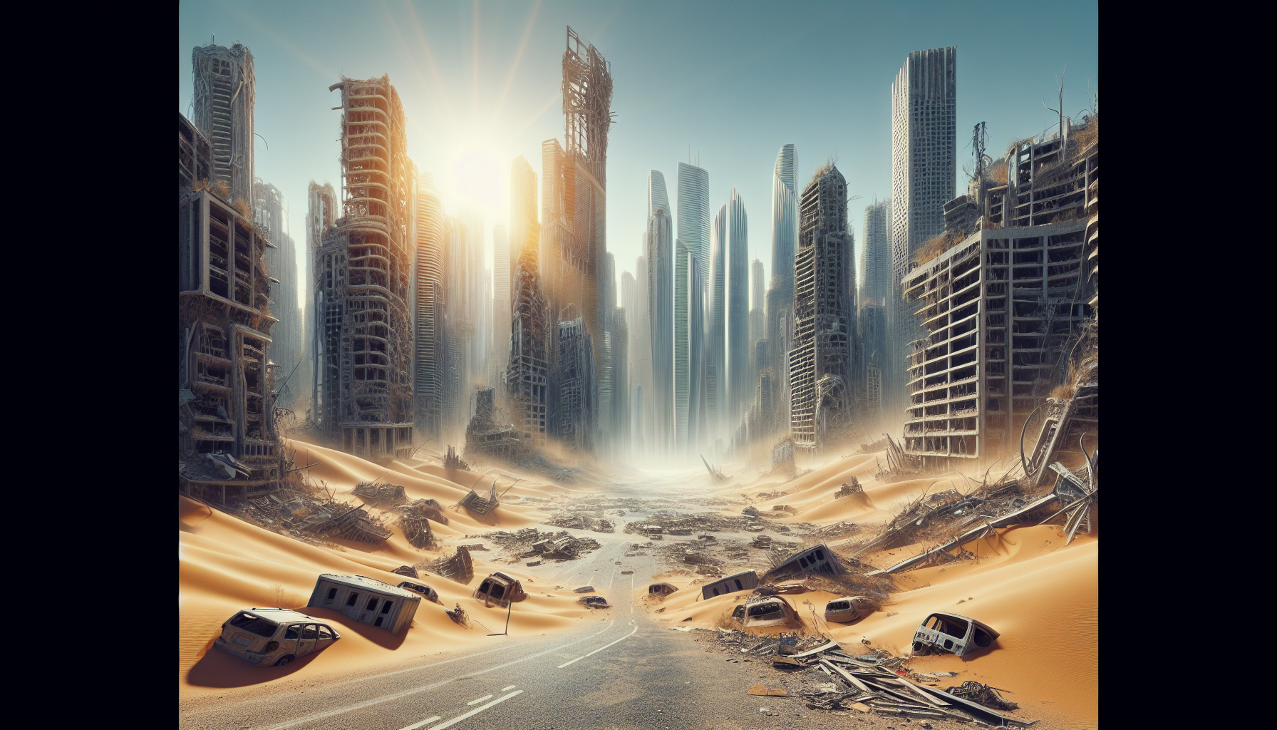 a ruined modern city in a desert from a front angle
