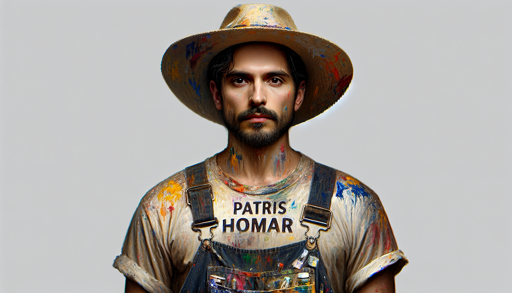 Señor vestido de pintor que la remera diga PATRIS HOGAR, super realista

