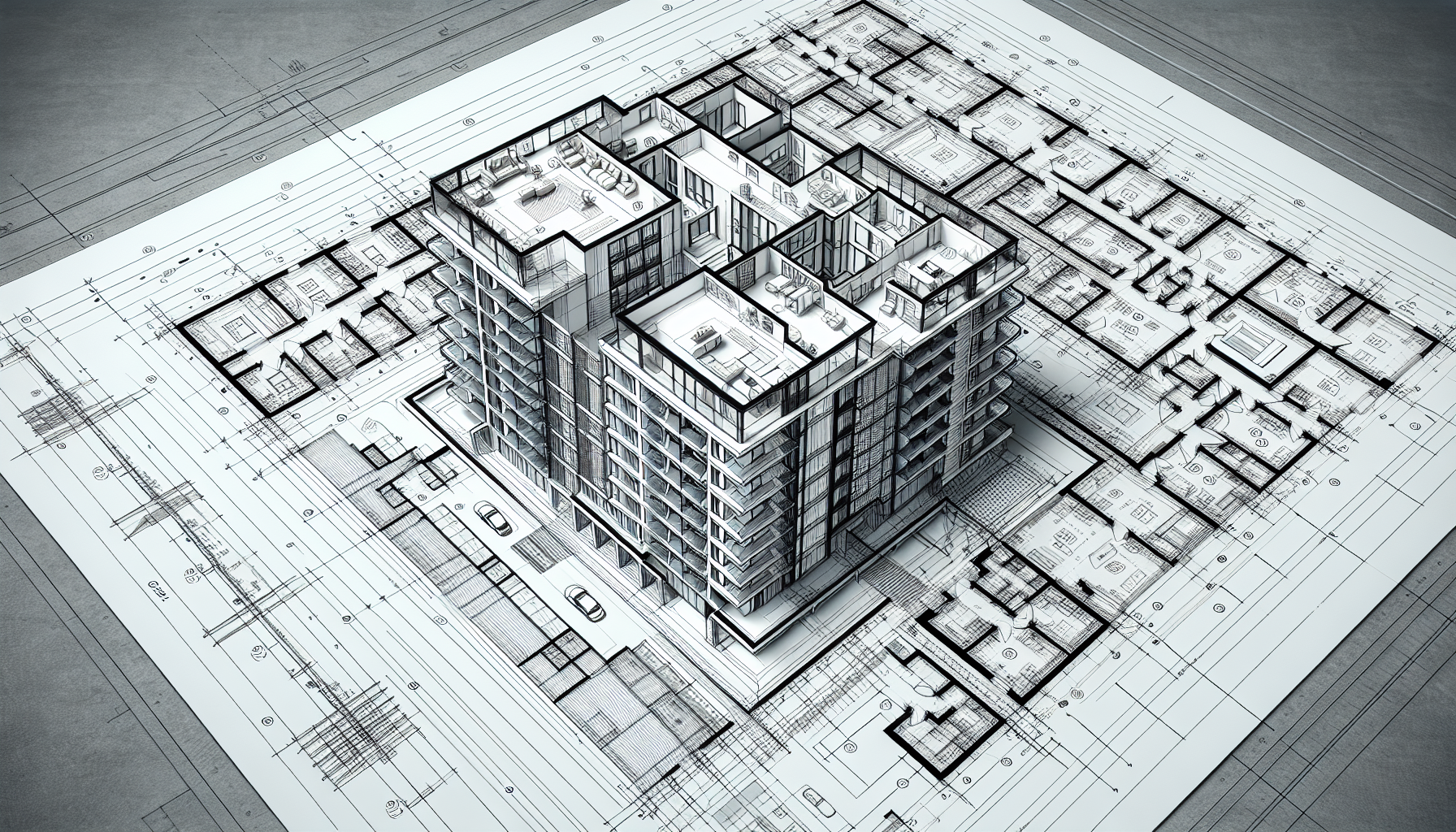 A highly detailed 2D architectural blueprint of a modern apartment block, displayed on a flat surface. The design is precise, featuring black ink lines on a crisp white background, with accurate floor plans, room layouts, dimensions, and technical annotations. The drawing includes clear structural details, walls, doors, and windows, maintaining a professional drafting style. The perspective is a top-down view, ensuring the entire plan is visible with sharp, well-defined lines. Realistic photographic rendering with high clarity, paper texture subtly visible.