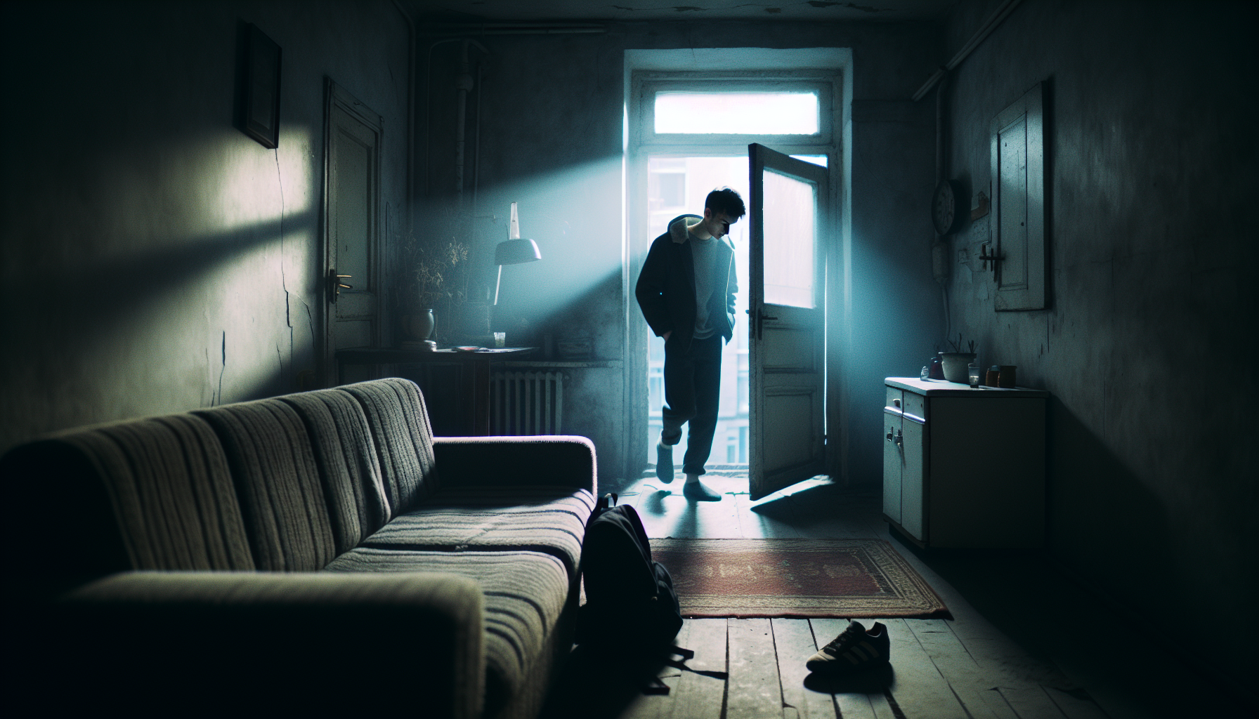 Um jovem de expressão cansada entra em um apartamento pequeno e pouco iluminado. A luz fraca da rua entra pela janela, criando sombras longas nas paredes. Sua mochila cai no sofá desgastado, e seus sapatos estão jogados perto da porta. O ambiente tem um tom frio e desolado, como se algo estivesse errado. Cinematic lighting, high contrast, cold color palette, film grain.