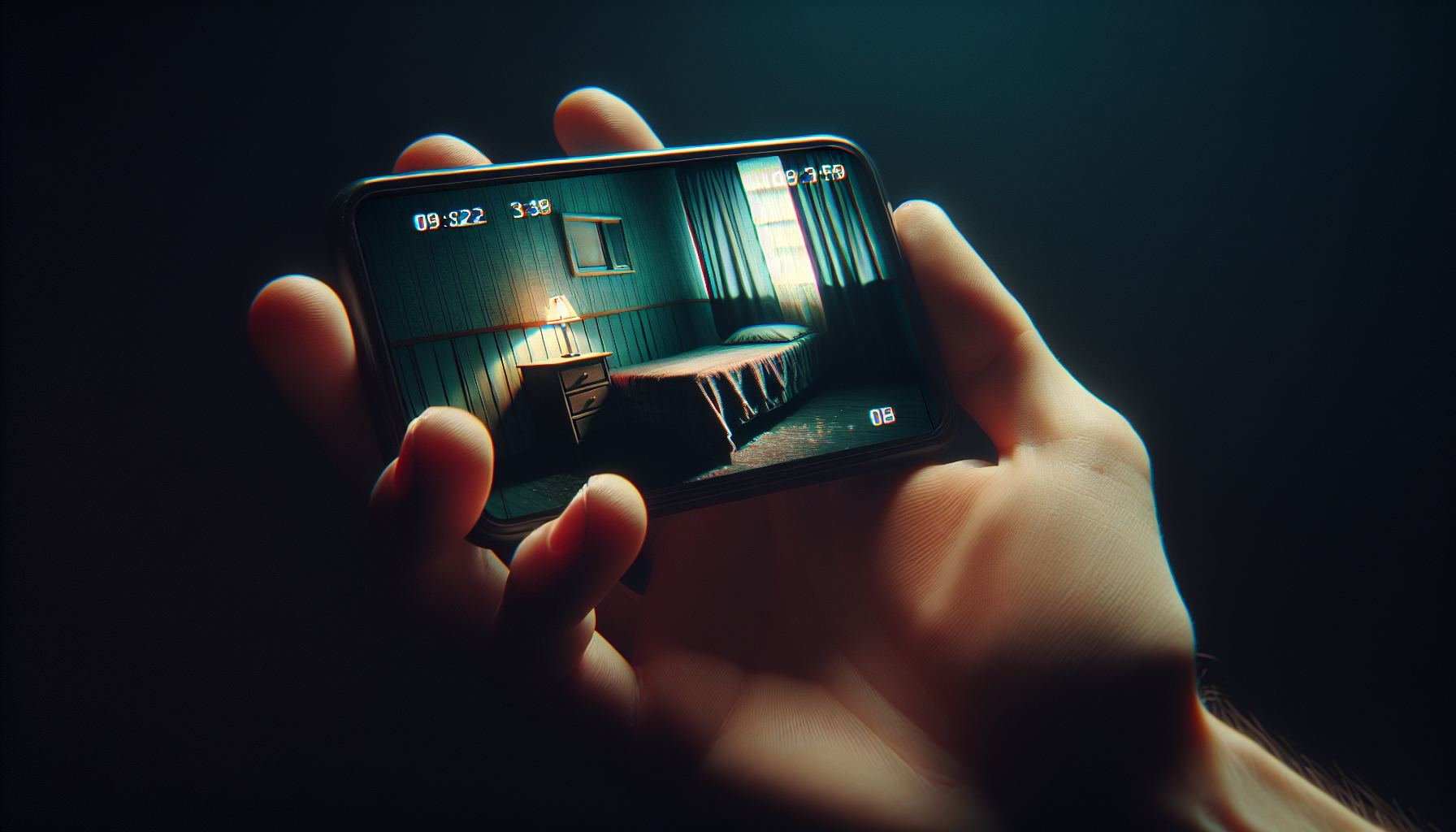 Um telefone na mão do jovem mostra um vídeo tremido e antigo. A imagem no celular exibe um quarto simples, com um sofá gasto e uma cortina balançando lentamente. O brilho da tela contrasta com a escuridão ao redor, criando uma sensação de tensão. Cinematic close-up, eerie lighting, glitch effect