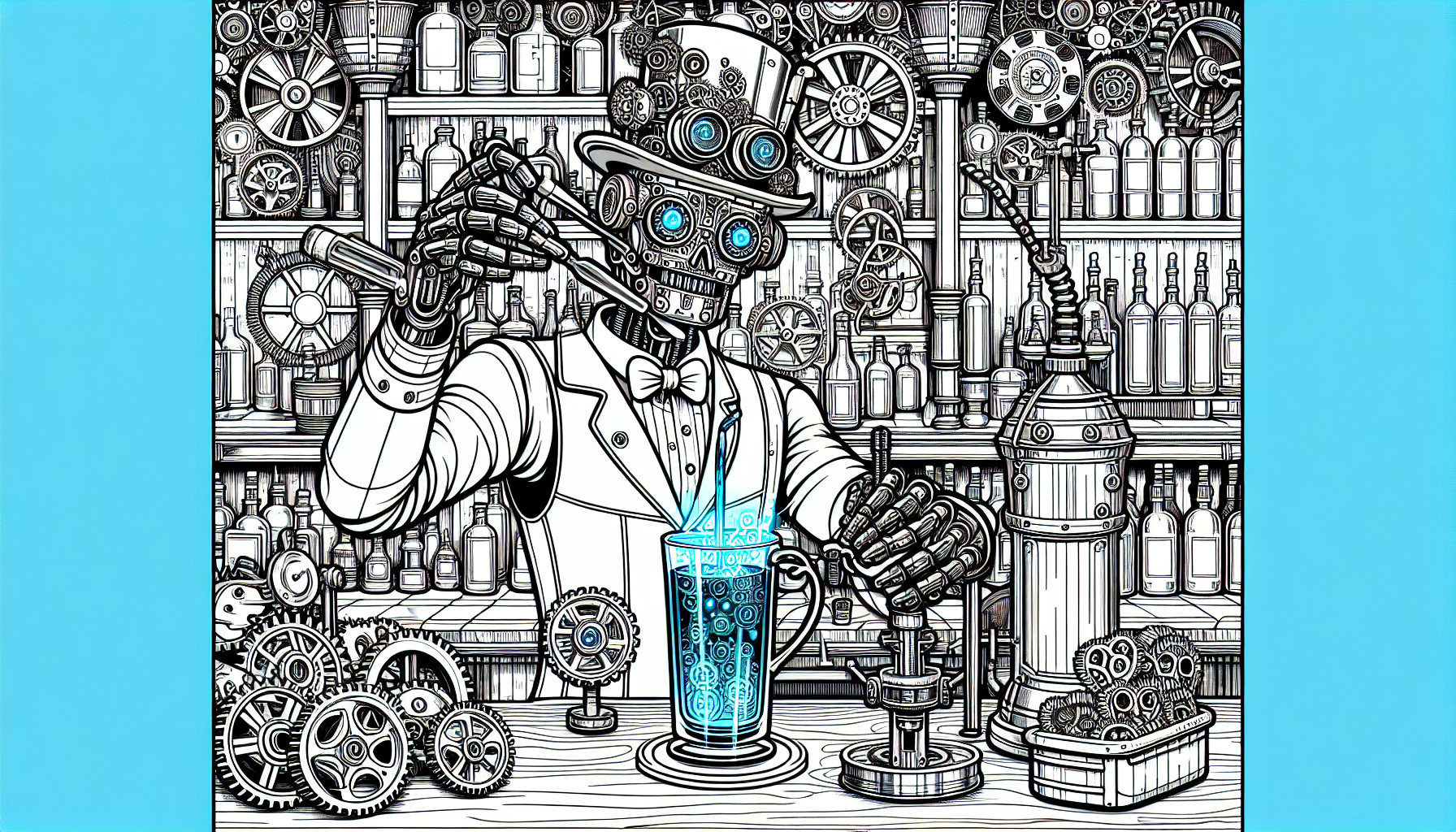 a coloring page of steampunk Automaton Bartender: A charming mechanical bartender polishing a brass mug, pouring glowing blue liquid into intricate, steam-cooled glasses in a lively, gear-filled tavern. B&W outlined for coloring, no shading