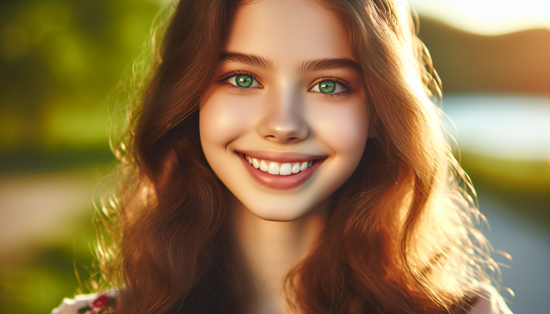 Beautiful girl with green eyes, brown hair, innocent face with bright smile