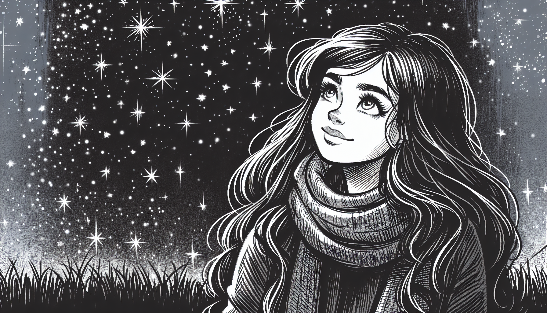 young lady looks to skyin night full of stars