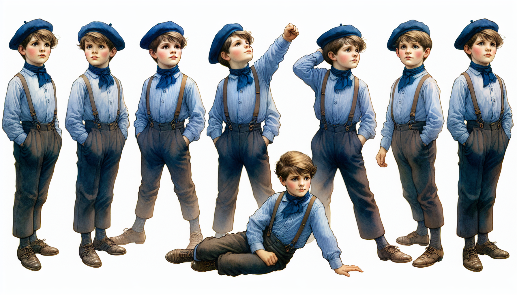 6 French boys of 10 years old, all identical, with the same clothes and the same characteristics. They have brown hair, suspenders and a blue beret. in six different postures. Each posture shows a unique action, such as: 1) standing looking into the air with a determined look, 2) sitting on the ground with a concentrated look, 3) running in a determined way, 4) jumping with energy and urgency, 5) lying down looking at the sky, 6) surprised.