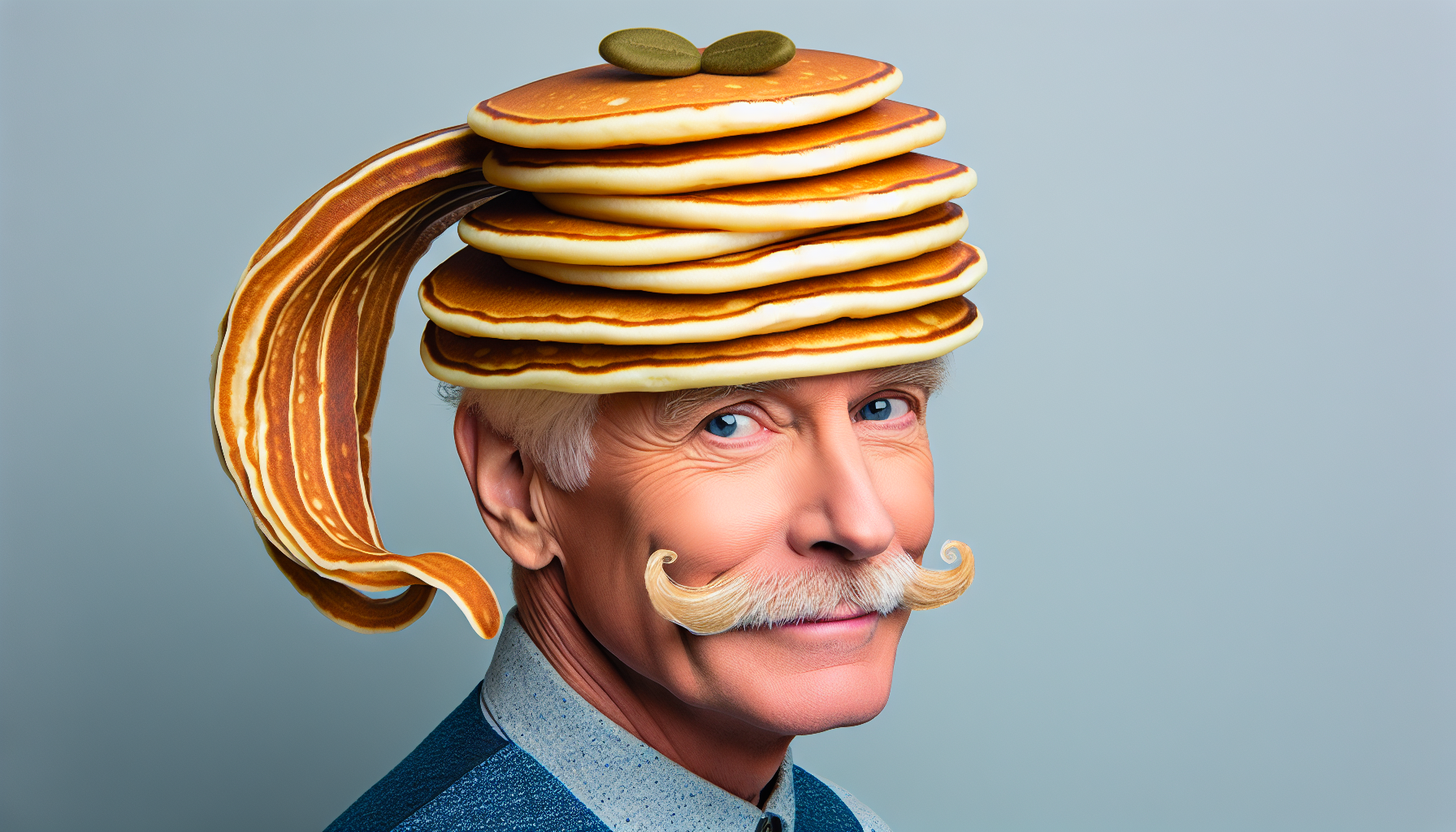a kind man of 60 years old with a moustache and blond hair on his head a hat made from a stack of pancakes