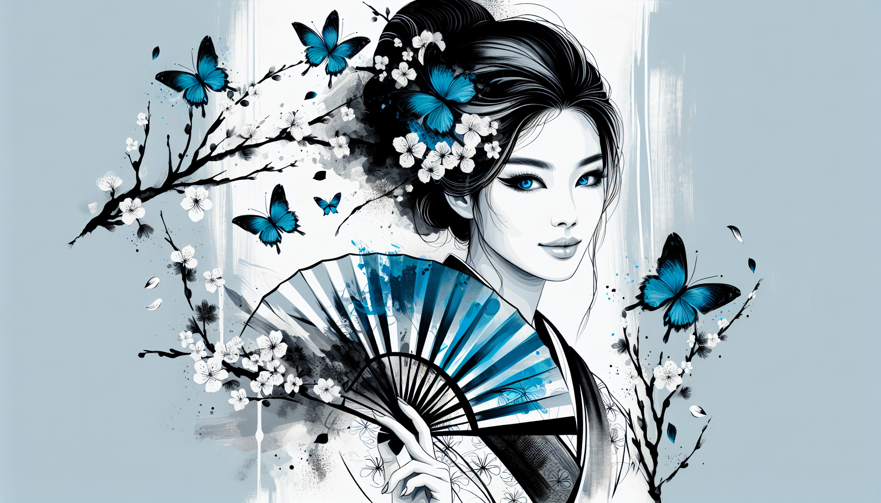A serene geisha holding a fan, depicted in expressive sumi-e brushwork with flowing black ink, her eyes a striking sapphire blue. A whimsical flurry of butterflies in matching sapphire blue flutters around her, their wings outlined in ink, while cherry blossom petals drift gently. The background is a simple sumi-e garden with a faint blue glow, evoking a dreamlike charm.