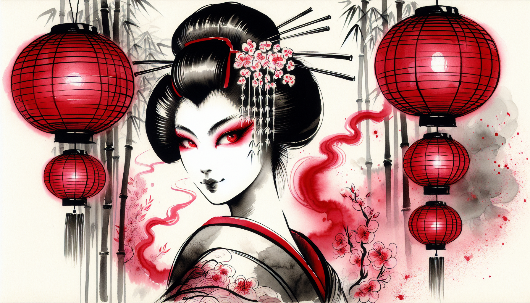 An elegant geisha with a poised stance, painted in bold sumi-e style with dynamic ink strokes, her eyes a vivid ruby red. Surrounding her are floating lanterns glowing with matching ruby light, their forms sketched in ink with whimsical trails of smoke. The background features a sumi-e bamboo grove with a subtle red shimmer, adding a magical touch.