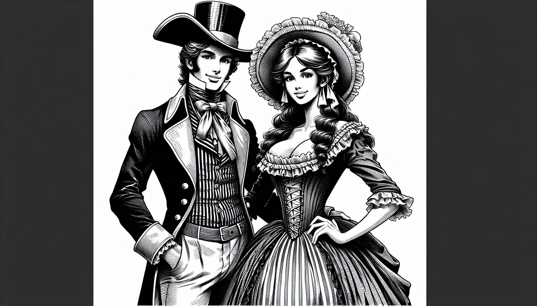 dessin en noir et blanc façon crayonnée d'un couple de français en costume populaire en 1830