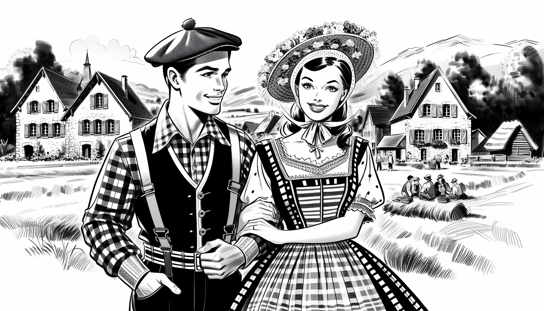 dessin en noir et blanc façon crayonnée d'un couple de français en costume populaire, en 1940