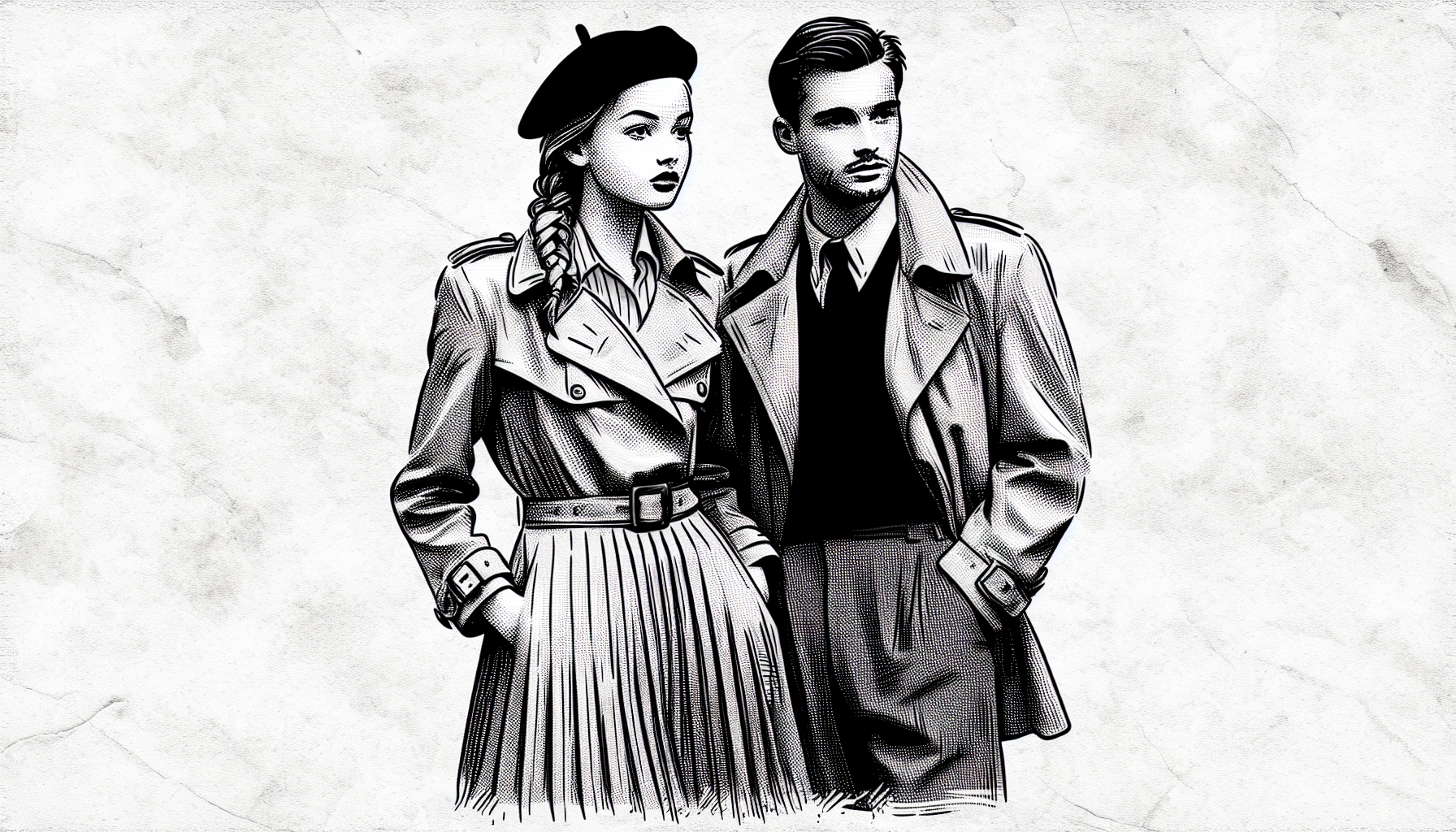 dessin en noir et blanc façon crayonnée d'un couple de français en 1940