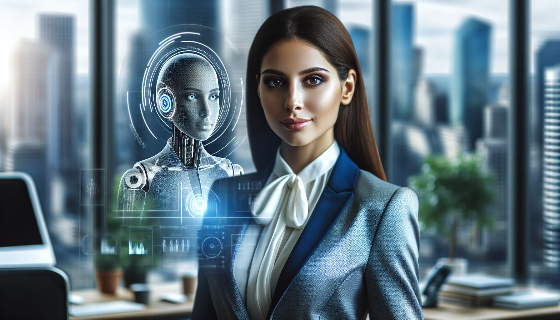 Una agente de inteligencia artificial mujer 
con ropa formal.