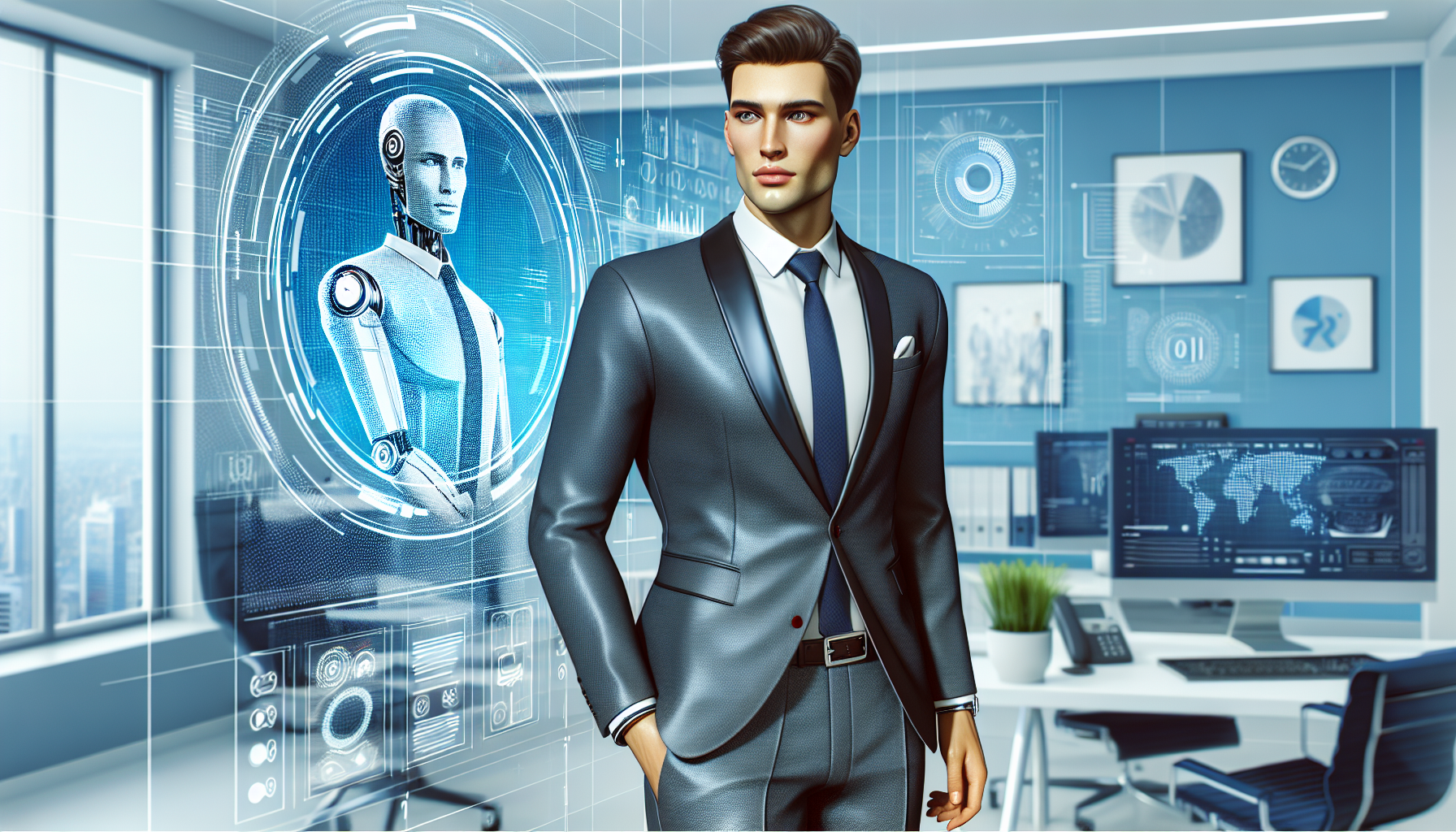 Un agente hombre de inteligencia artificial  vestido elegante y ejecutivo