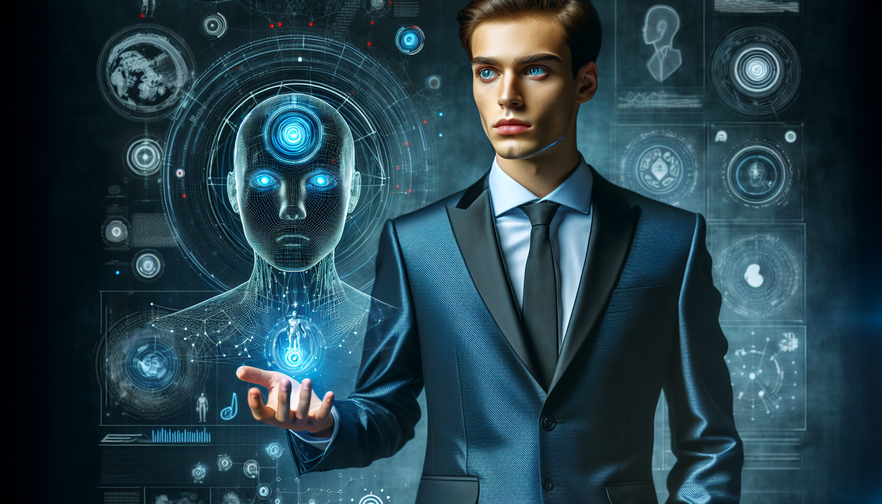 Un agente hombre de inteligencia artificial  vestido formal.