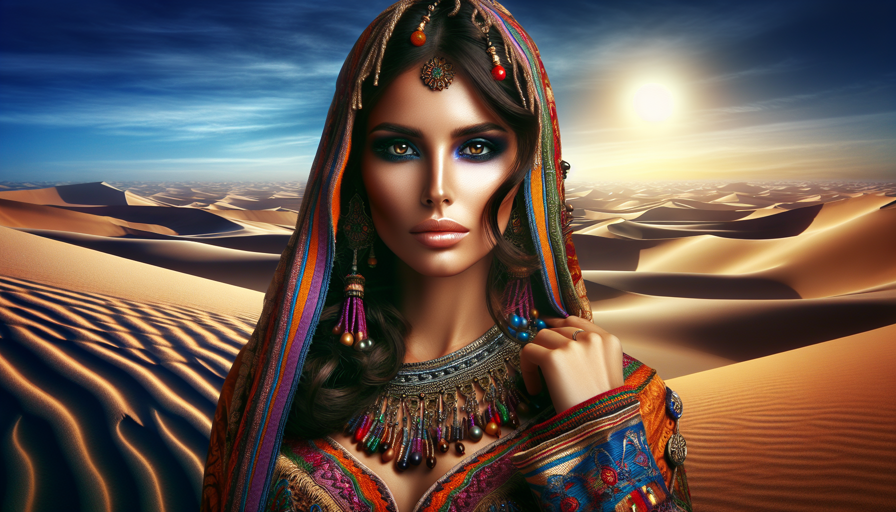 A beautiful and spectacular Saharan woman with an enigmatic presence. She wears a traditional desert dress, with vibrant colors and intricate patterns. Her tanned skin glows in the desert sun, and her dark eyes reflect the wisdom and mystery of her land. The background shows the vast sand dunes of the Sahara, with the clear blue sky and the sun shining brightly.