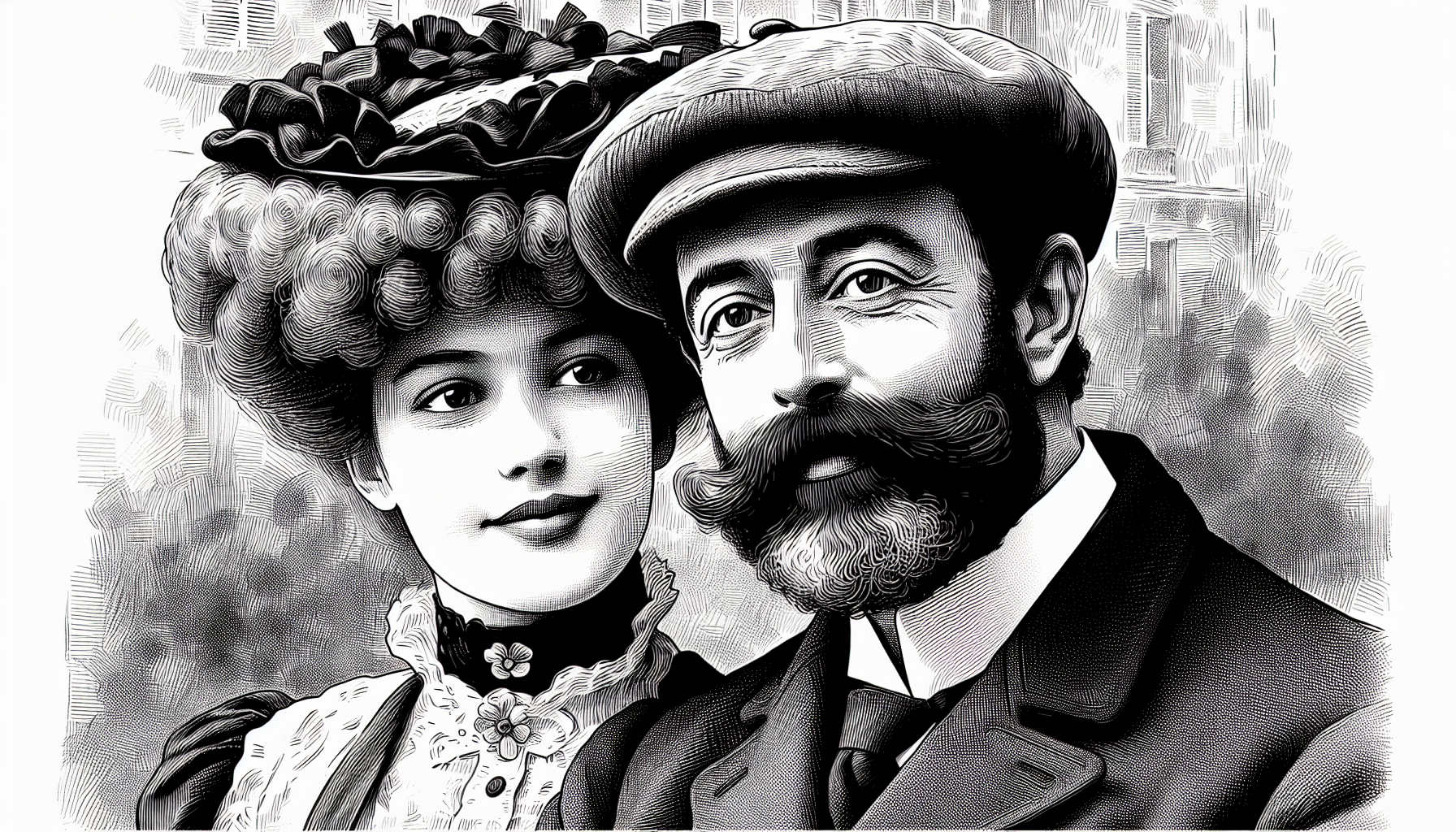 dessin en noir et blanc façon crayonnée d'un couple de français en 1910