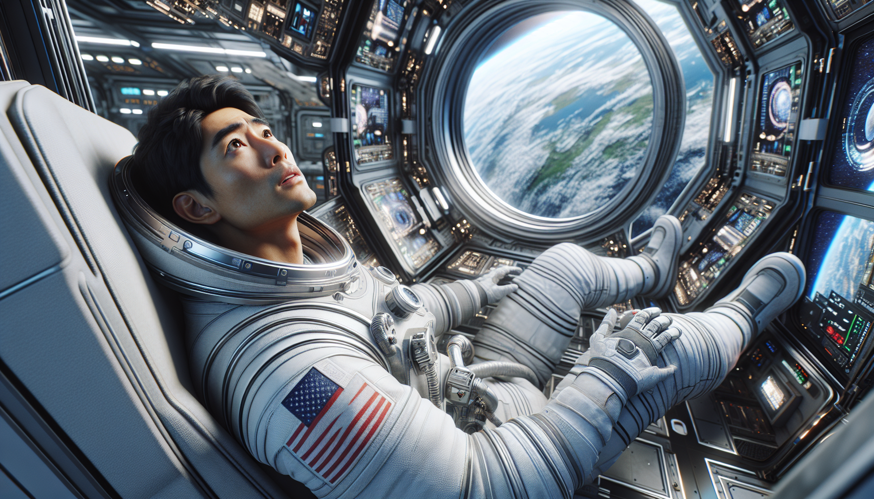 "A NASA male astronaut floating inside a space station in zero gravity, wide-eyed with wonder while observing Earth through a large window, detailed space suit with NASA logo, futuristic interior, realistic emotions of curiosity and awe, hyper-realistic, 8K ultra-HD quality."
