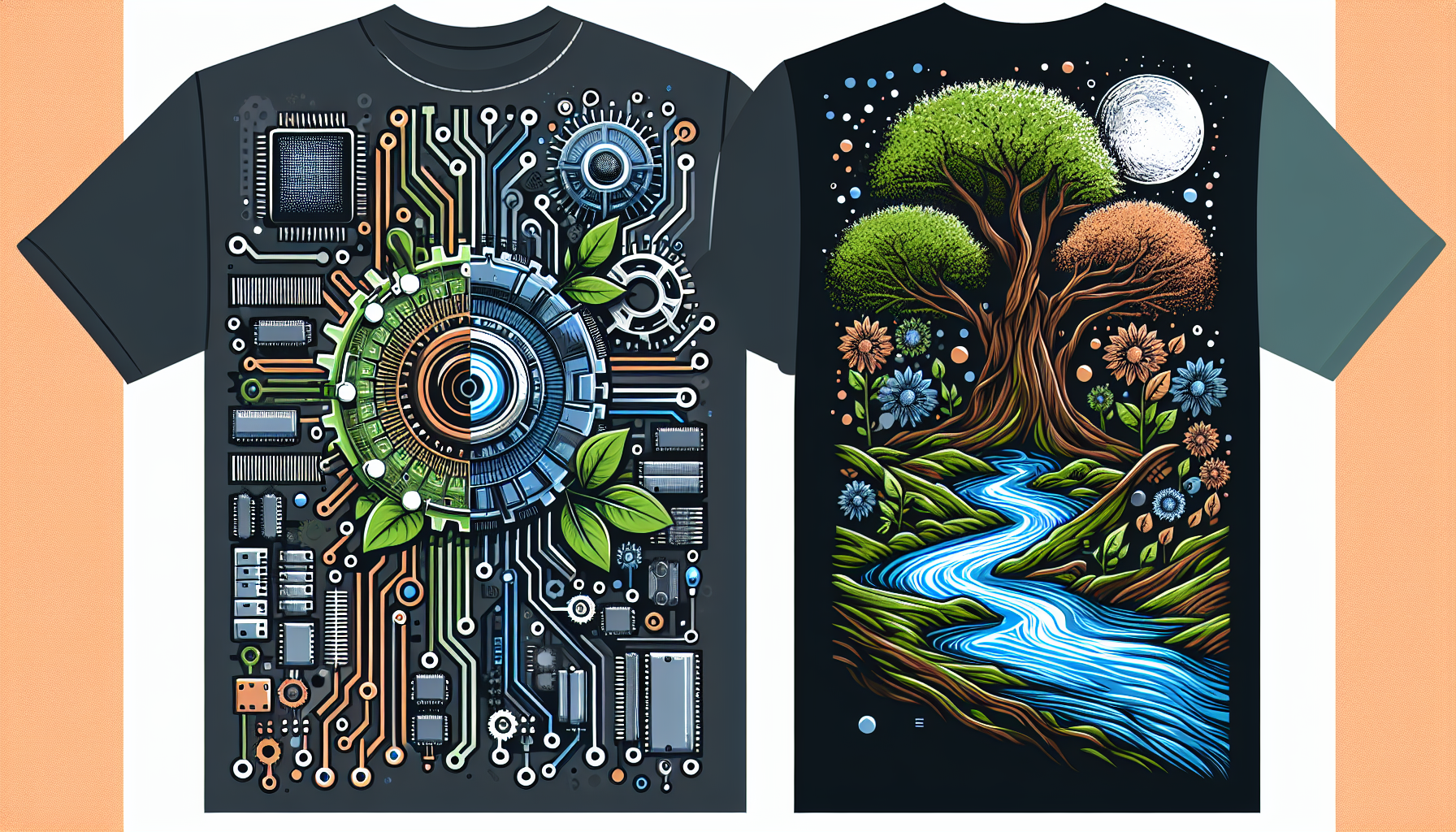 estampado de una camiseta basado en la representación de la fusión de la tecnología y la naturaleza 