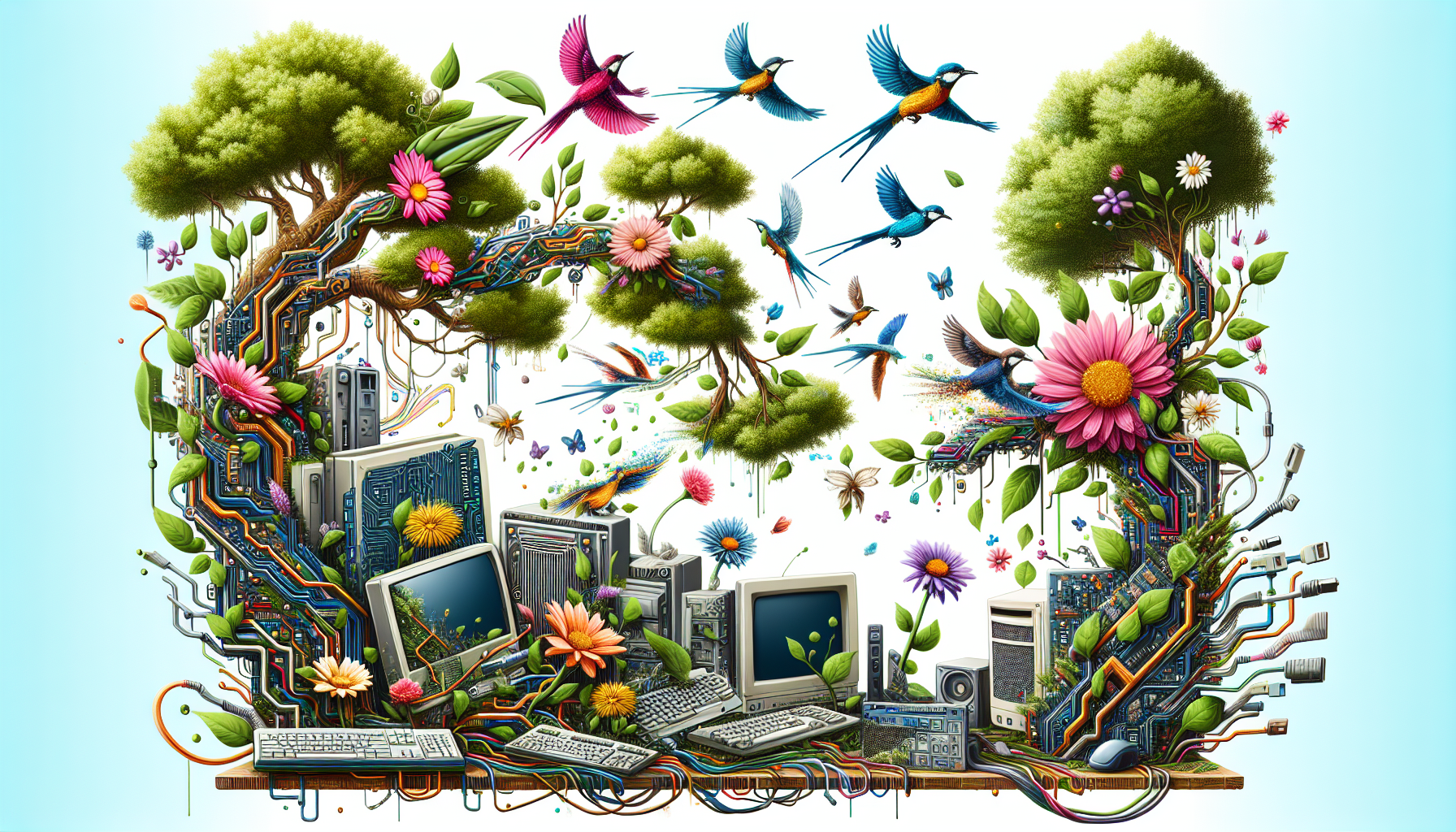 estampado de una camiseta basado en la representación de la fusión de la tecnología y la naturaleza 