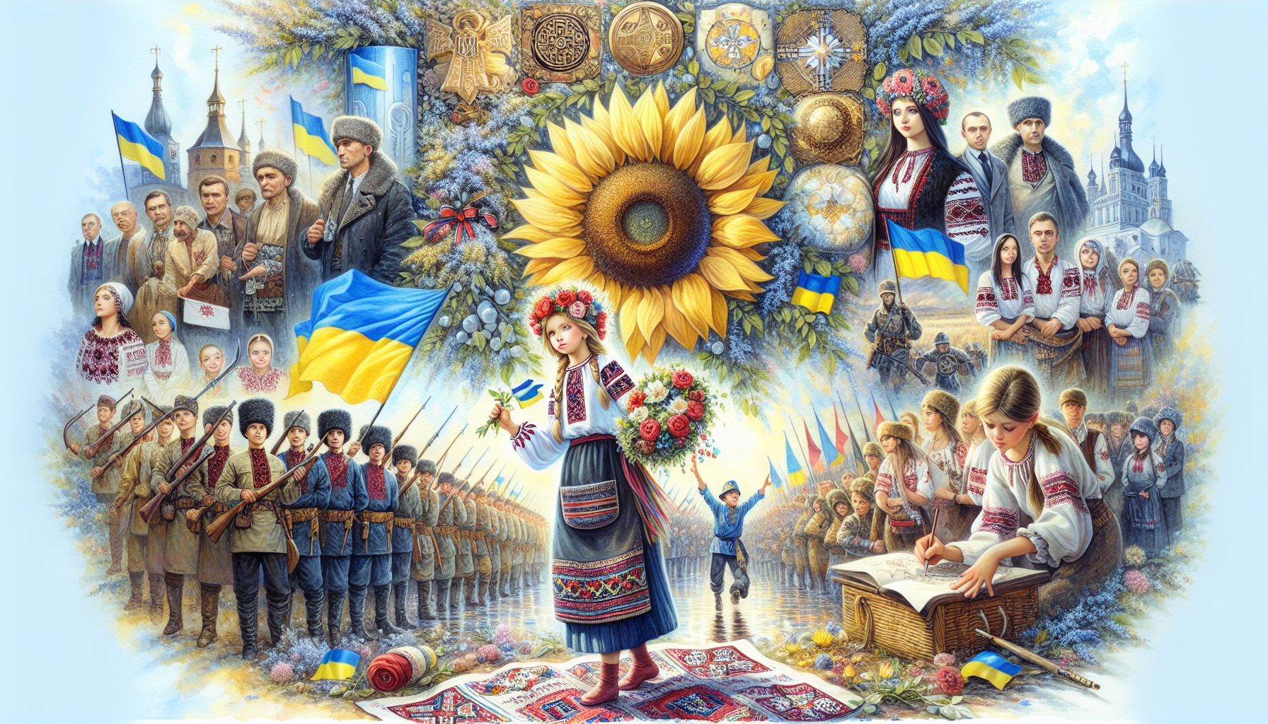 згенеруй картинку формату 1920x1080 на тематику "Україна - вільна країна"
На картинці повинно бути:
Синій колір - знак миру, спокою
Жовтий колір - знак достатку та тепла
Вишитий рушник - давні традиції
Соняшник - символ сонця та родючості
Птахи з маленькими стрічками кольору прапору України - символ свободи, волі, незалежності та майбутнього України
Дівчинка в вишиванці та вінку - символ української культури
Гори Карпати - як символ величі нашої землі
Позаду дівчинки стоять українці з різних епох(козаки, отамани, гетьмани, князі, лицарі ,солдати сучасні, солдати часів української революції тощо) - як знак нашої багатої історії
Калина - символ рідної землі
маленькі діти, що малюють прапор України - символ нашої молоді, яка не забуває про свою державу
Зверху по центру має бути герб України на його значення - ВОЛЯ
Напис "ВОЛЯ"