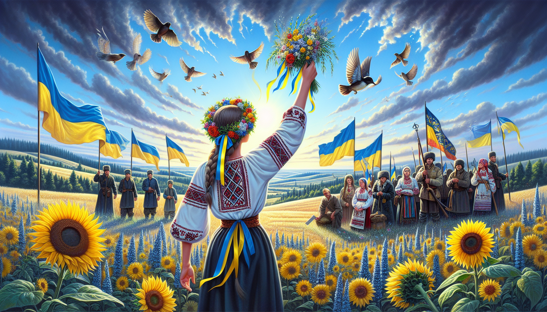 згенеруй картинку формату 1920x1080 на тематику "Україна - вільна країна"
На картинці повинно бути:
Державний герб України - символ самостійності, нашої країни, волі
Велике просторе небо - безкрайність, свобода
Синій колір - знак миру, спокою
Жовтий колір - знак достатку та тепла
Вишитий рушник - давні традиції
Соняшник - символ сонця та родючості
Птахи з маленькими стрічками кольору прапору України - символ свободи, волі, незалежності та майбутнього України
Дівчинка в вишиванці та вінку - символ української культури
Гори Карпати - як символ величі нашої землі
Позаду дівчинки стоять українці з різних епох(козаки, отамани, гетьмани, князі, лицарі ,солдати сучасні, солдати часів української революції тощо) - як знак нашої багатої історії
Калина - символ рідної землі
маленькі діти, що малюють прапор України - символ нашої молоді, яка не забуває про свою державу
