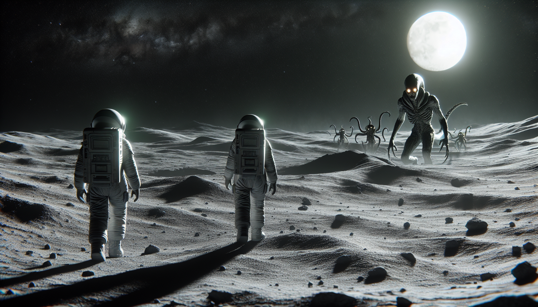 Astronauts walk on the gray, dusty surface of the moon, with the vast, dark expanse of space as a backdrop. In the distance, a terrifying alien with glowing eyes and a sinister figure stalks them from the shadows of a lunar crater. Earthlight dimly illuminates the scene, creating a tense and mysterious atmosphere.