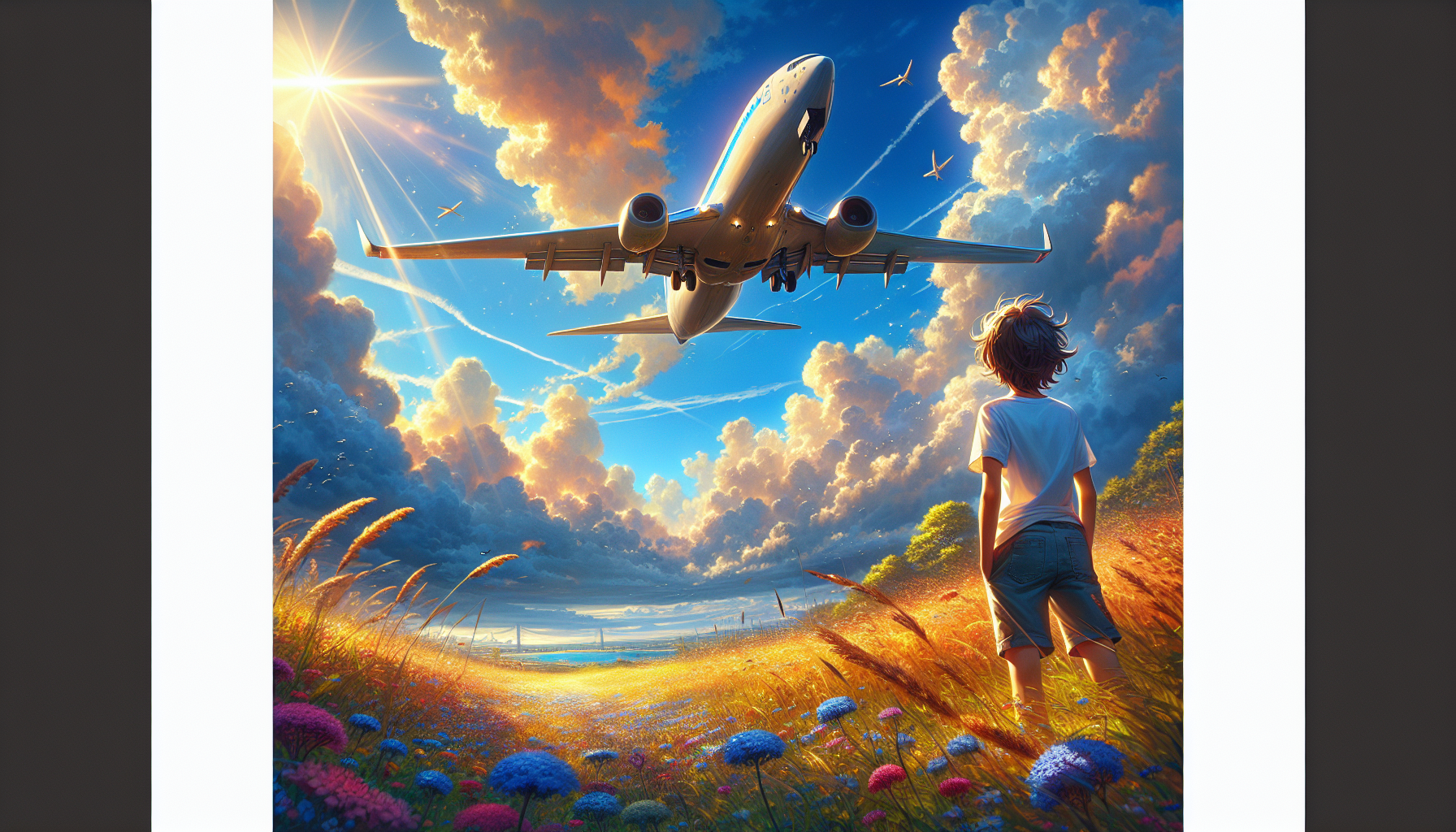 "A breathtaking anime-style digital painting of a young boy standing in a lush, colorful meadow filled with wildflowers, gazing at a large commercial airplane flying low in the vast, vivid blue sky. The aircraft is a modern passenger jet with sleek wings and visible landing gear, reflecting sunlight as it soars above. The scene is bathed in warm, golden sunlight, with fluffy white clouds scattered across the sky, creating a dreamy and cinematic atmosphere. The perspective is slightly low, emphasizing the grandeur of the sky and the airplane's impressive scale. The grass and flowers sway gently in the breeze, and distant birds can be seen soaring. The boy has tousled hair, wears a casual t-shirt and shorts, and stands in awe with his back turned to the viewer. The art style is highly detailed, inspired by Makoto Shinkai, featuring realistic lighting, soft shading, and a sense of adventure and nostalgia."
