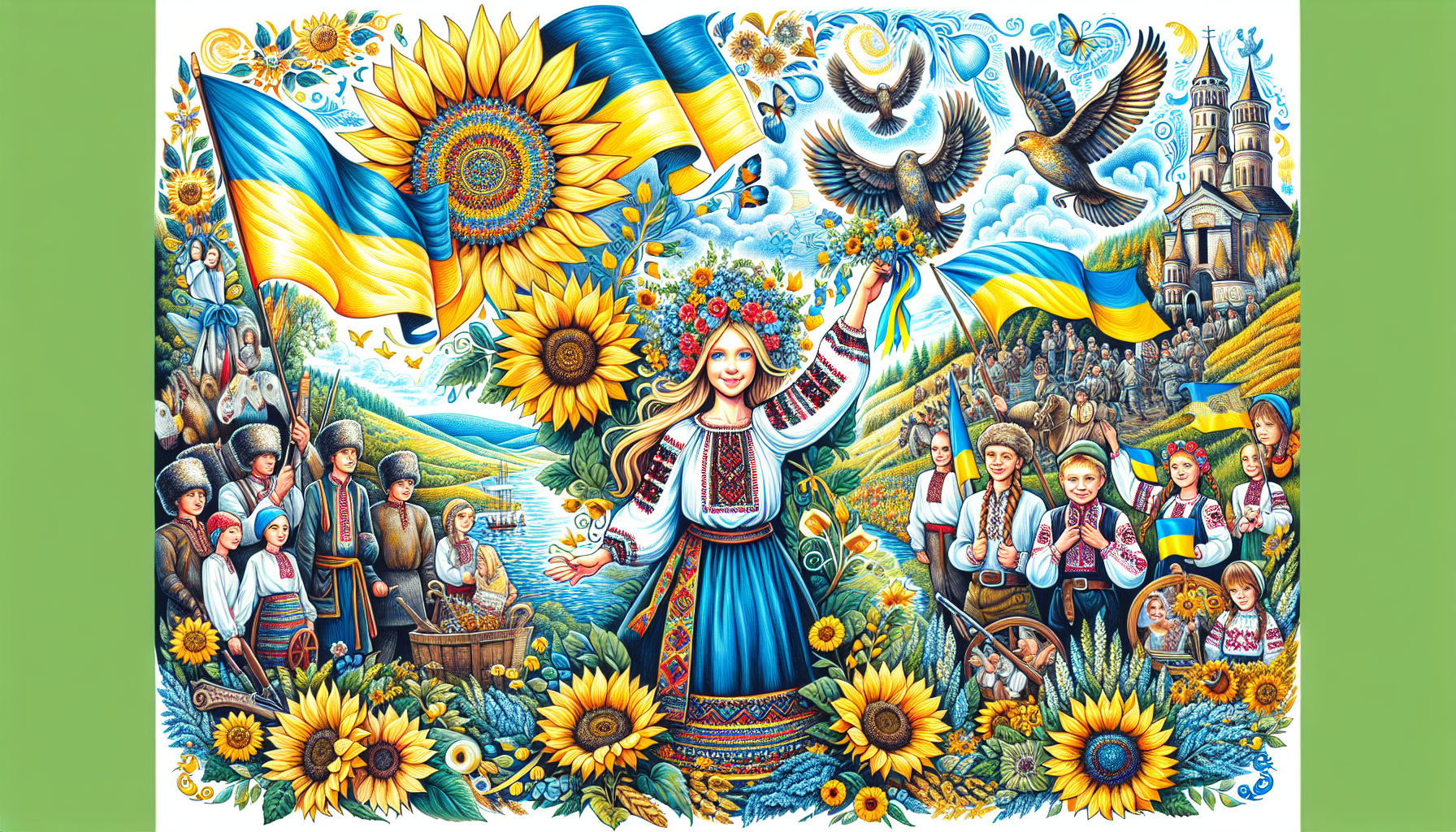 Ukraine - A Free Country

The image should include:

    Blue color – a symbol of peace and tranquility
    Yellow color – a symbol of prosperity and warmth
    An embroidered rushnyk – representing ancient traditions
    Sunflowers – symbols of the sun and fertility
    Birds with outstretched wings – a symbol of freedom and will
    A girl in a traditional embroidered blouse and floral wreath – a symbol of Ukrainian culture
    The Carpathian Mountains – a symbol of the greatness of our land
    Ukrainians from different historical periods (Cossacks, knights, princes, hetmans, soldiers from the Ukrainian Revolution, and modern military personnel – one or two representatives of each) – symbolizing Ukraine’s rich history
    Kalyna (viburnum) – a symbol of the native land
    Young children – a symbol of the new generation that remembers its homeland
    A kobzar with a bandura – a symbol of Ukrainian culture

At the center of the image stands a young woman holding an embroidered rushnyk, standing with her arms spread wide like bird wings, gazing into the distance as a symbol of hope for a better future.
Behind her stand historical figures from different eras, representing Ukraine’s past and present.
They all stand on Ukrainian soil covered with golden wheat fields and sunflowers.
Nearby, a kalyna tree grows, around which children have gathered, waving Ukrainian flags.
The artwork should be created in a minimalist style.
