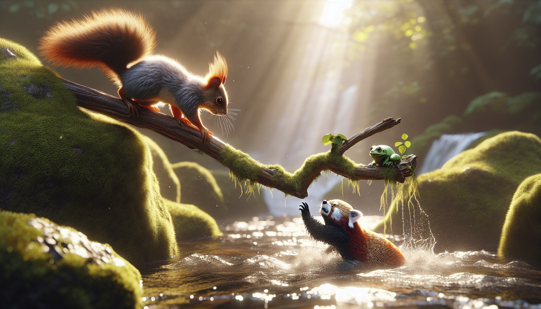 A hyper-realistic and cinematic digital painting. The squirrel, now energized, scampers toward a stream where a tiny frog is struggling against the current. The red panda, standing nearby on a mossy rock, quickly extends a sturdy branch toward the frog. The sunlight glistens on the water, creating a sparkling effect as the frog reaches out.
