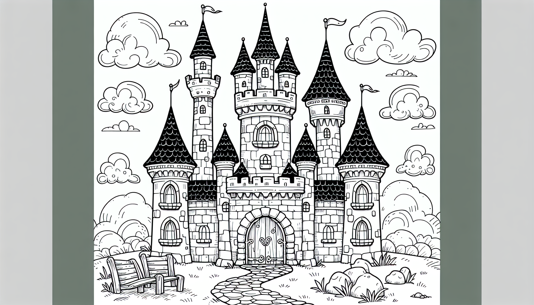 Create imges of Coloring page of a medieval castle with high towers, cartoon style, simple lines, black and white, for children, with fantasy theme.