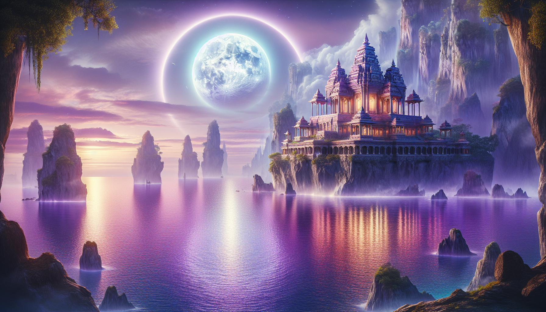 A grand ancient temple perched on rocky cliffs overlooking a calm ocean. The scene is illuminated by a radiant full moon with a faint halo, casting soft purple and pink reflections on the water. Wisps of glowing mist swirl around the temple columns, evoking a magical, ethereal vibe.