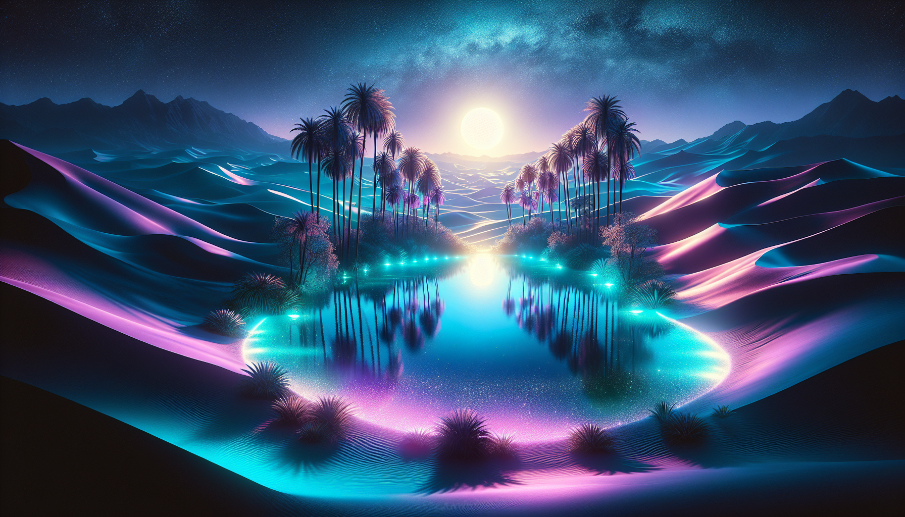 Picture a hidden oasis in an endless desert, illuminated by the soft, magical glow of a full moon. Crystalline waters reflect neon accents, while towering palm trees and gently rolling dunes create an atmosphere that is both surreal and enchanted. The twilight sky shifts in deep purples and midnight blues, lending an air of mystical serenity to the scene.
