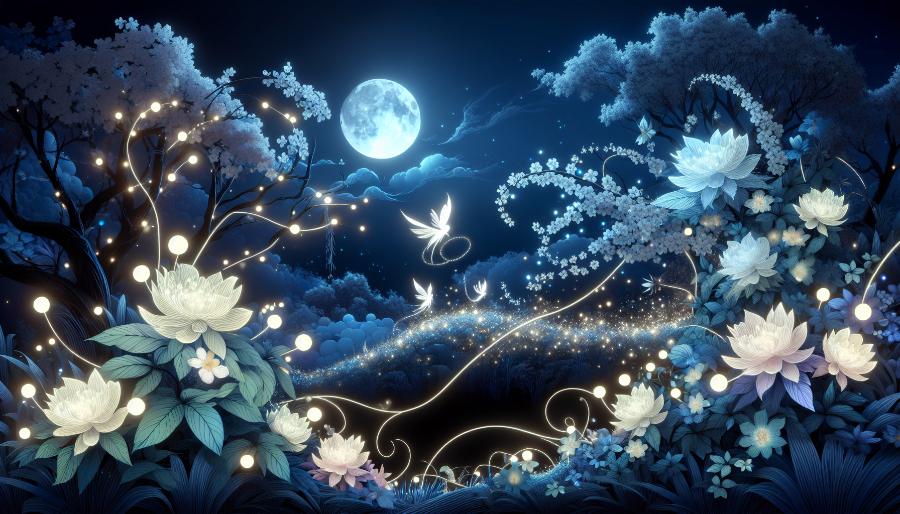 A secret garden bathed in silvery moonlight, where large, softly glowing flowers bloom along winding pathways. Delicate fairy lights twinkle among the leaves, and a hazy mist drifts across the scene, amplifying the sense of magic.

