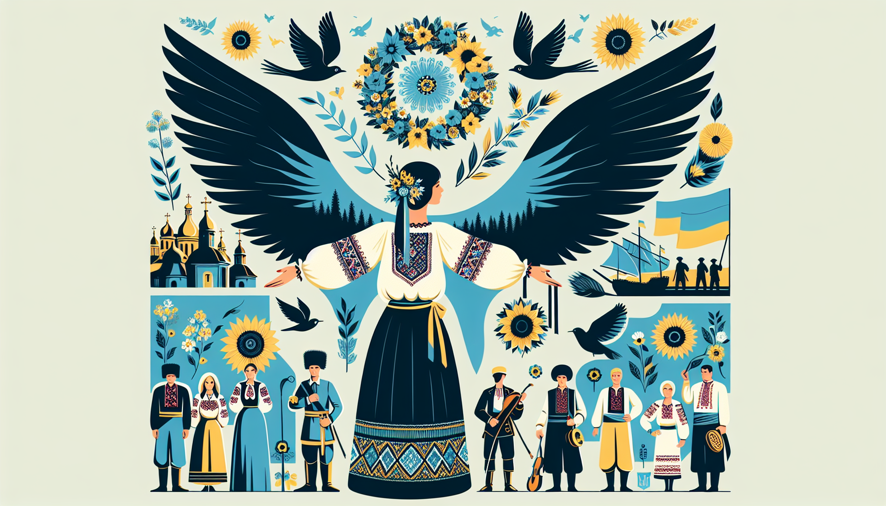 Ukraine - A Free Country

The image should include:
	•	Blue color – a symbol of peace and tranquility
	•	Yellow color – a symbol of prosperity and warmth
	•	An embroidered rushnyk – representing ancient traditions
	•	Sunflowers – symbols of the sun and fertility
	•	Birds with outstretched wings – a symbol of freedom and will
	•	A girl in a traditional embroidered blouse and floral wreath – a symbol of Ukrainian culture
	•	The Carpathian Mountains – a symbol of the greatness of our land
	•	Ukrainians from different historical periods (Cossacks, knights, princes, hetmans, soldiers from the Ukrainian Revolution, and modern military personnel – one or two representatives of each) – symbolizing Ukraine’s rich history
	•	Kalyna (viburnum) – a symbol of the native land
	•	Young children – a symbol of the new generation that remembers its homeland
	•	A kobzar with a bandura – a symbol of Ukrainian culture

At the center of the image stands a young woman holding an embroidered rushnyk, standing with her arms spread wide like bird wings, gazing into the distance as a symbol of hope for a better future.
Behind her stand historical figures from different eras, representing Ukraine’s past and present.
They all stand on Ukrainian soil covered with golden wheat fields and sunflowers.
Nearby, a kalyna tree grows, around which children have gathered, waving Ukrainian flags.
The artwork should be created in a minimalist style