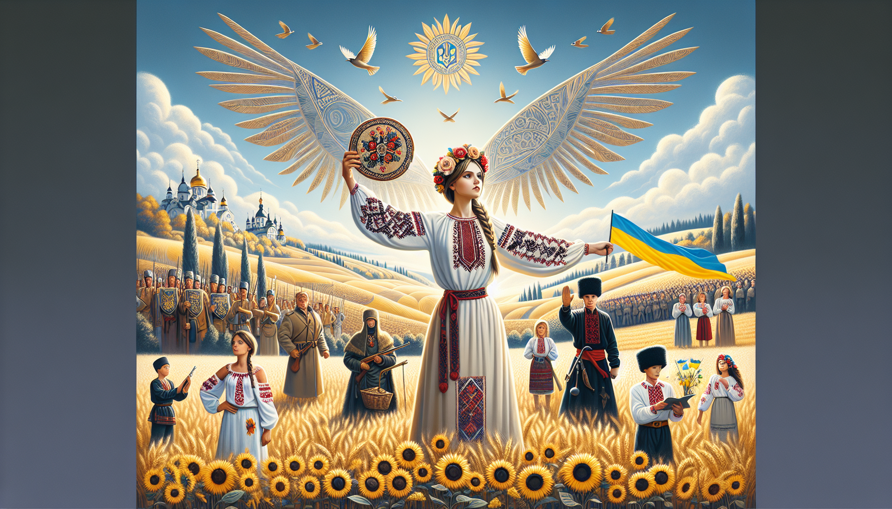Ukraine - A Free Country

The image should include:
	•	Blue color – a symbol of peace and tranquility
	•	Yellow color – a symbol of prosperity and warmth
	•	An embroidered rushnyk – representing ancient traditions
	•	Sunflowers – symbols of the sun and fertility
	•	Birds with outstretched wings – a symbol of freedom and will
	•	A girl in a traditional embroidered blouse and floral wreath – a symbol of Ukrainian culture
	•	The Carpathian Mountains – a symbol of the greatness of our land
	•	Ukrainians from different historical periods (Cossacks, knights, princes, hetmans, soldiers from the Ukrainian Revolution, and modern military personnel – one or two representatives of each) – symbolizing Ukraine’s rich history
	•	Kalyna (viburnum) – a symbol of the native land
	•	Young children – a symbol of the new generation that remembers its homeland
	•	A kobzar with a bandura – a symbol of Ukrainian culture

At the center of the image stands a young woman holding an embroidered rushnyk, standing with her arms spread wide like bird wings, gazing into the distance as a symbol of hope for a better future.
Behind her stand historical figures from different eras, representing Ukraine’s past and present.
They all stand on Ukrainian soil covered with golden wheat fields and sunflowers.
Nearby, a kalyna tree grows, around which children have gathered, waving Ukrainian flags.
The artwork should be created in a minimalist style