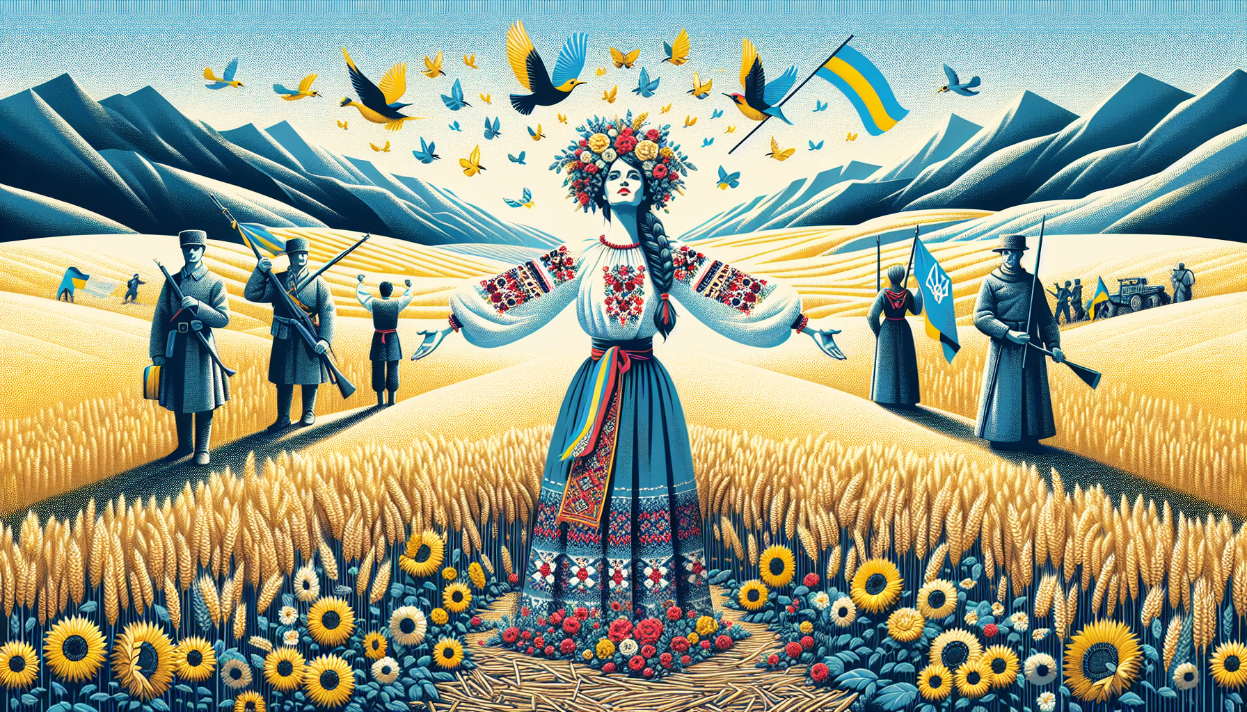Ukraine - A Free Country

The image should include:
	•	Blue color – a symbol of peace and tranquility
	•	Yellow color – a symbol of prosperity and warmth
	•	An embroidered rushnyk – representing ancient traditions
	•	Sunflowers – symbols of the sun and fertility
	•	Birds with outstretched wings – a symbol of freedom and will
	•	A girl in a traditional embroidered blouse and floral wreath – a symbol of Ukrainian culture
	•	The Carpathian Mountains – a symbol of the greatness of our land
	•	Ukrainians from different historical periods (Cossacks, knights, princes, hetmans, soldiers from the Ukrainian Revolution, and modern military personnel – one or two representatives of each) – symbolizing Ukraine’s rich history
	•	Kalyna (viburnum) – a symbol of the native land
	•	Young children – a symbol of the new generation that remembers its homeland
	•	A kobzar with a bandura – a symbol of Ukrainian culture

At the center of the image stands a young woman holding an embroidered rushnyk, standing with her arms spread wide like bird wings, gazing into the distance as a symbol of hope for a better future.
Behind her stand historical figures from different eras, representing Ukraine’s past and present.
They all stand on Ukrainian soil covered with golden wheat fields and sunflowers.
Nearby, a kalyna tree grows, around which children have gathered, waving Ukrainian flags.
The artwork should be created in a minimalist style