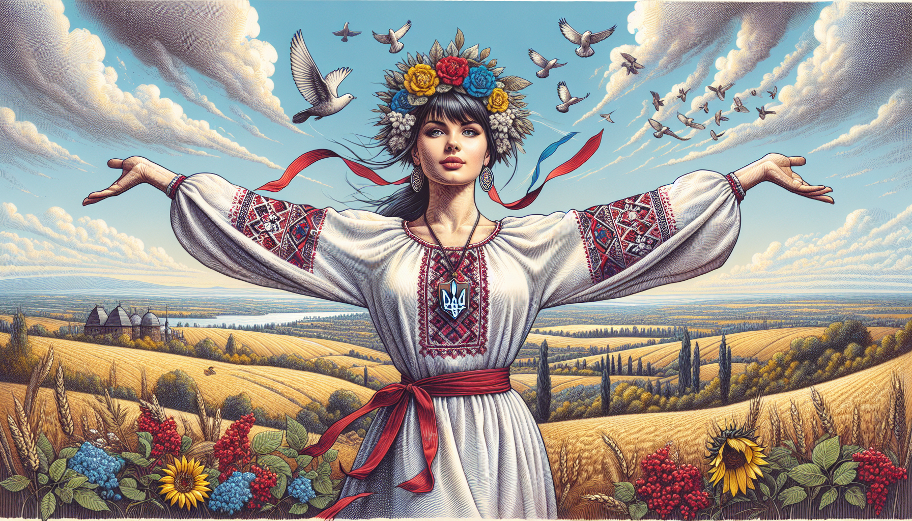 Generate an image in 1920x1080 resolution with the theme "Ukraine – a Free Country."

In the center, a young woman stands wearing a vyshyvanka (traditional embroidered shirt), a wreath on her head, and a trident-shaped pendant.
She spreads her arms wide like bird wings and looks into the distance at the beautiful nature.

The background features picturesque Ukrainian landscapes:

    A vast, open, blue sky with birds flying.
    The land is covered with golden wheat fields, sunflowers, and red viburnum (kalyna).