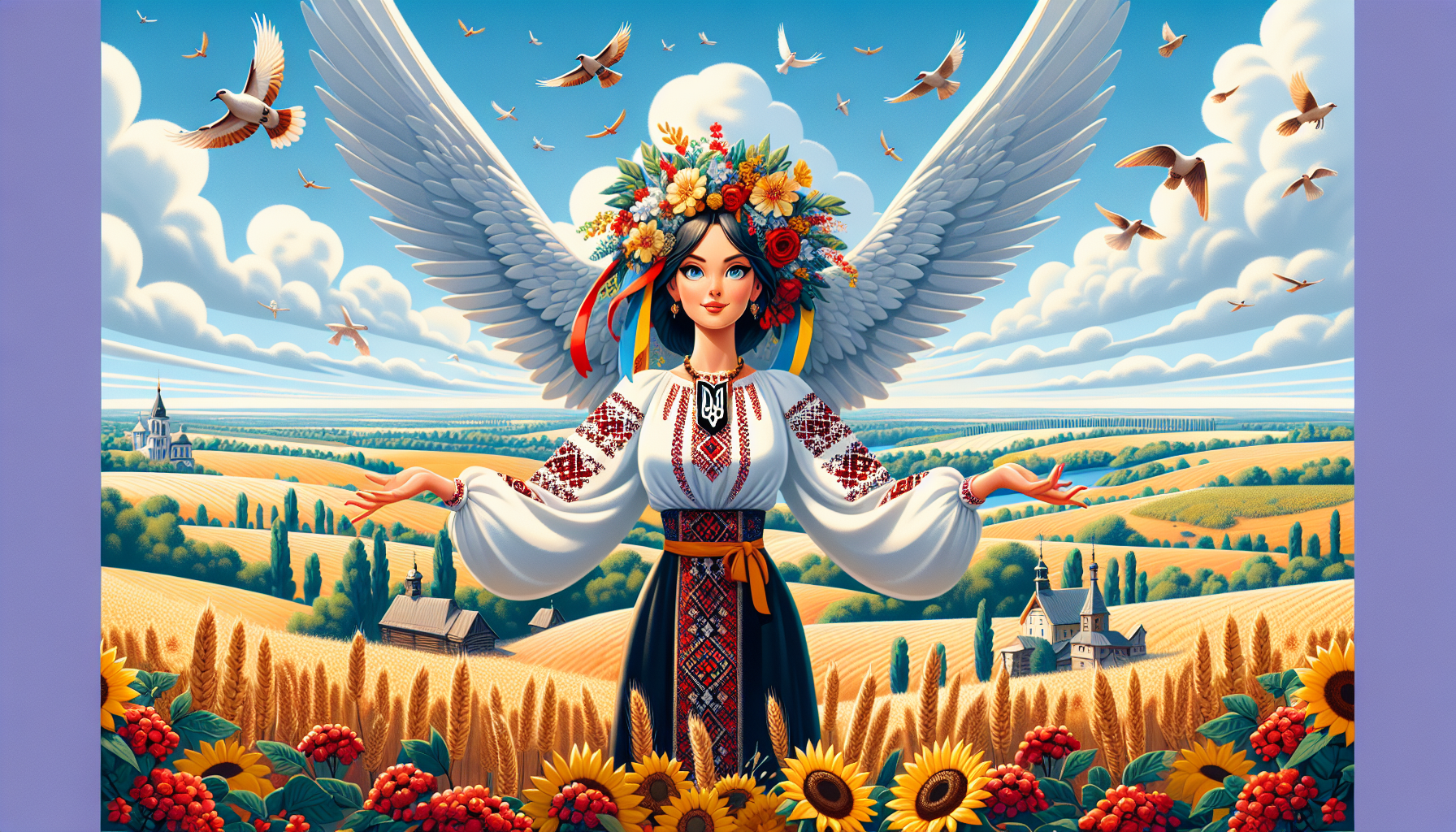 Generate an image in 1920x1080 resolution with the theme "Ukraine – a Free Country."

In the center, a young woman stands wearing a vyshyvanka (traditional embroidered shirt), a wreath on her head, and a trident-shaped pendant.
She spreads her arms wide like bird wings and looks into the distance at the beautiful nature.

The background features picturesque Ukrainian landscapes:

    A vast, open, blue sky with birds flying.
    The land is covered with golden wheat fields, sunflowers, and red viburnum (kalyna).