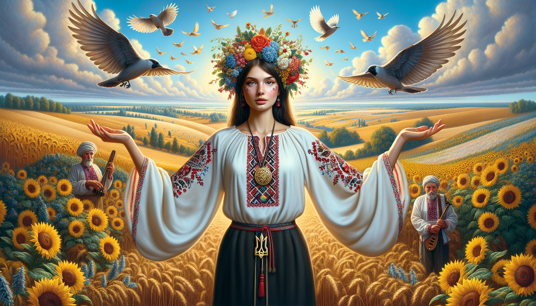 Generate an image in 1920x1080 resolution with the theme "Ukraine – a Free Country."

In the center, a young woman stands wearing a vyshyvanka (traditional embroidered shirt), a wreath on her head, and a trident-shaped pendant.
She spreads her arms wide like bird wings and looks in the opposite direction from us.

The background features picturesque Ukrainian landscapes:

    A vast, open, blue sky with birds flying.
    The land is covered with golden wheat fields, sunflowers, and red viburnum (kalyna).

Not far from the girl, a kobzar sits with a bandura.
Minimum details